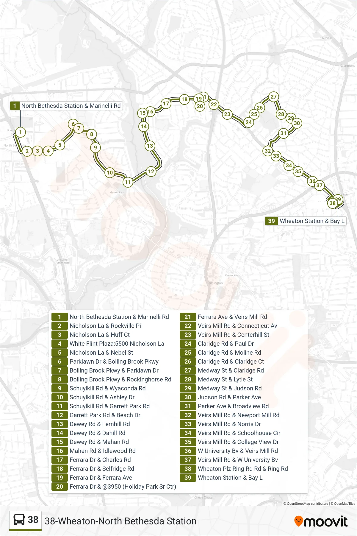 38 bus Line (Wheaton Via Holiday Park & Wheaton Plaza) route and stops on a map