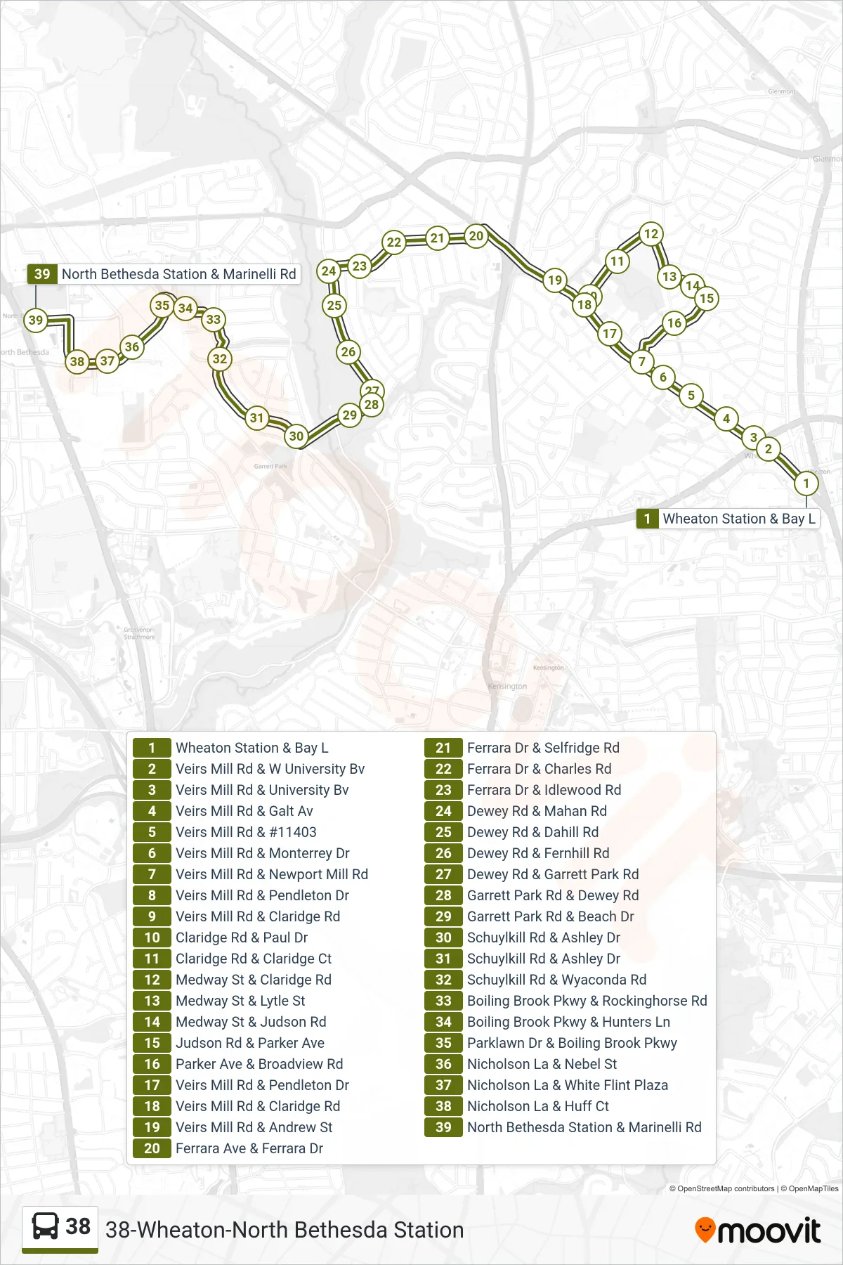 38 bus Line (North Bethesda) route and stops on a map