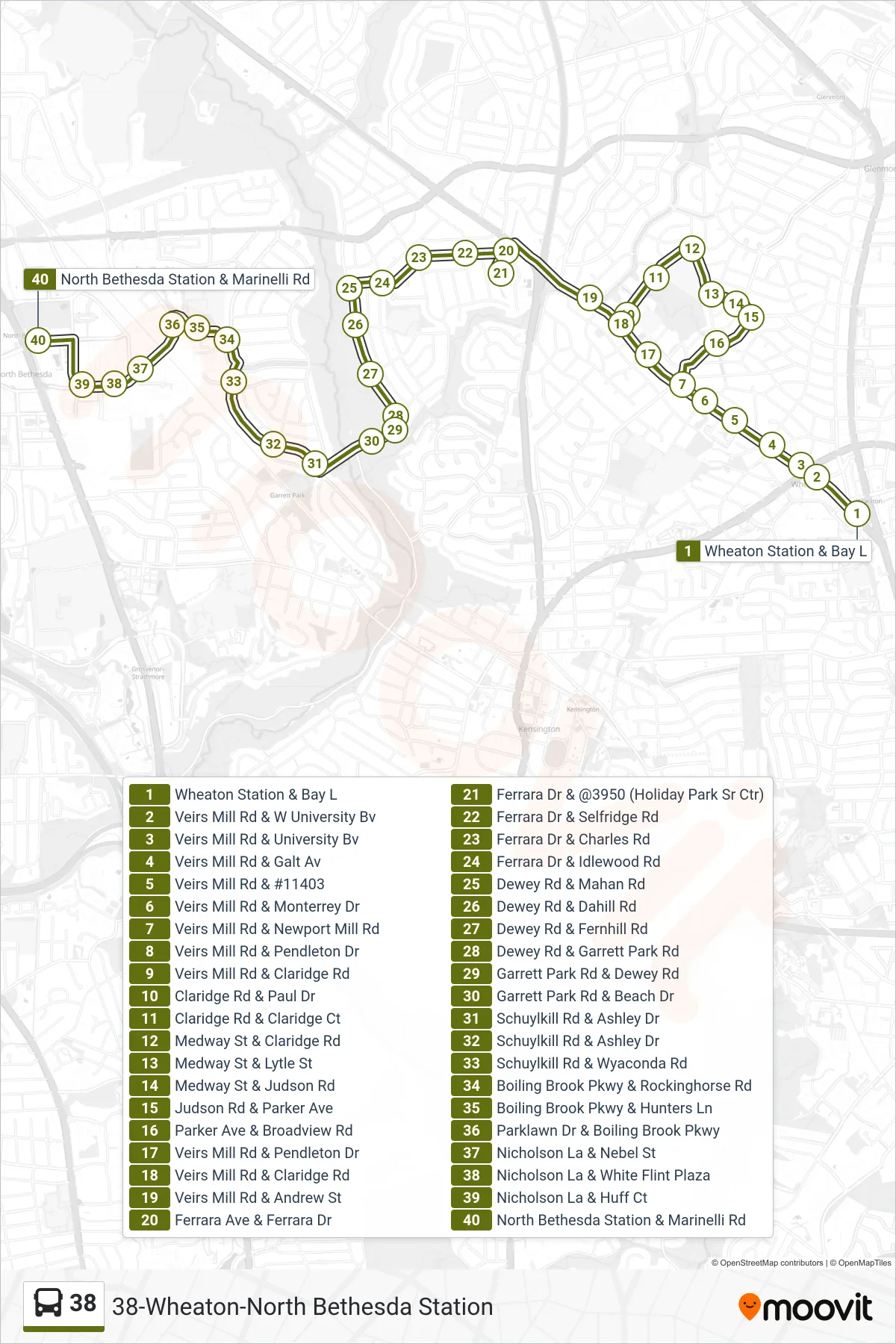 38 bus Line (North Bethesda Via Holiday Park) route and stops on a map