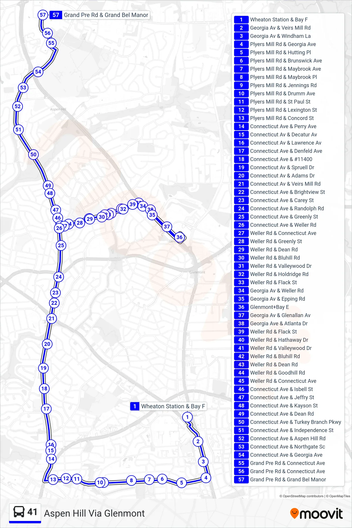 41 bus Line (Aspen Hill Via Glenmont) route and stops on a map