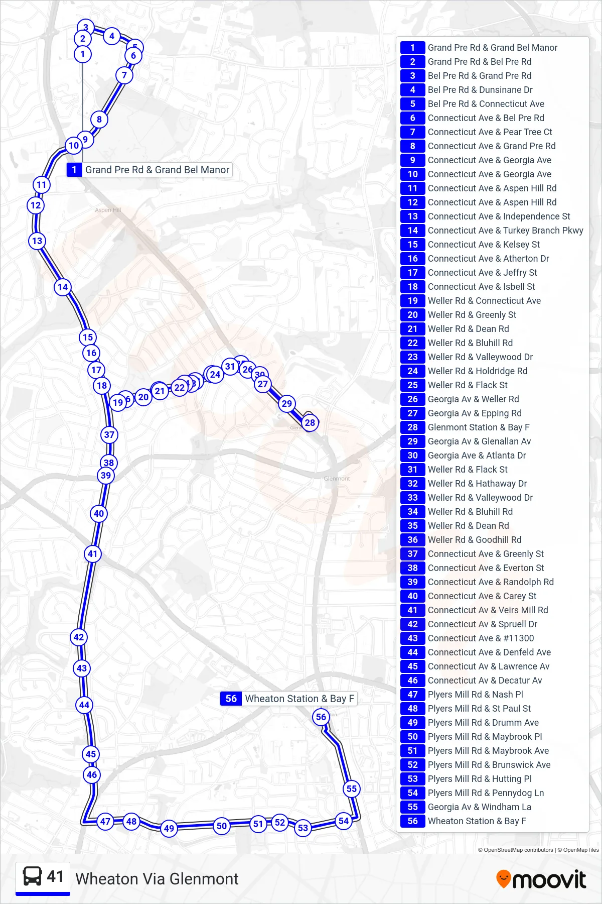41 bus Line (Wheaton Via Glenmont) route and stops on a map