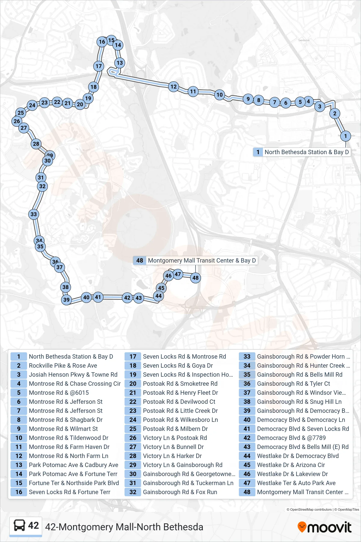 42 bus Line (Montgomery Mall) route and stops on a map
