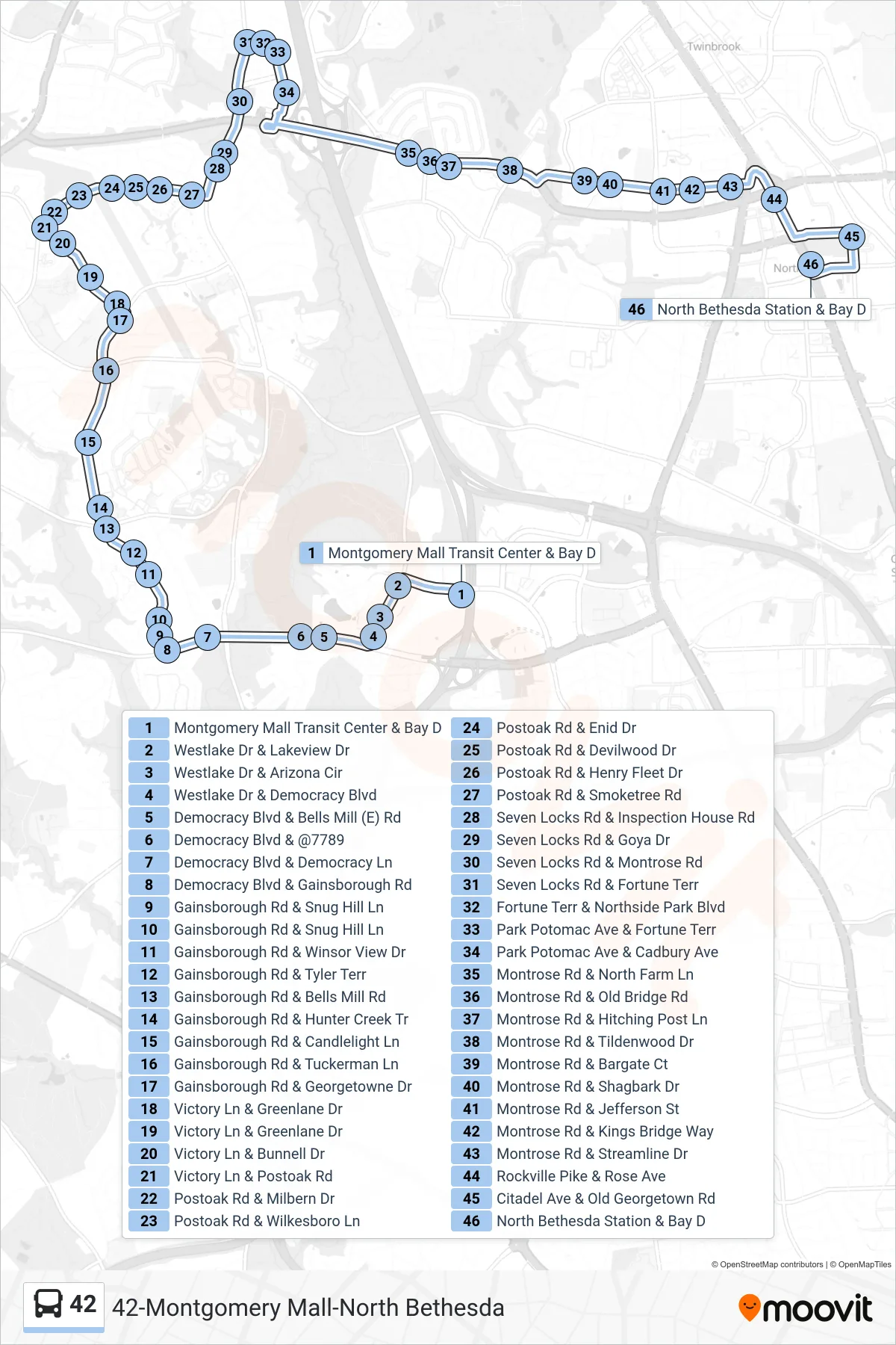 42 bus Line (North Bethesda) route and stops on a map