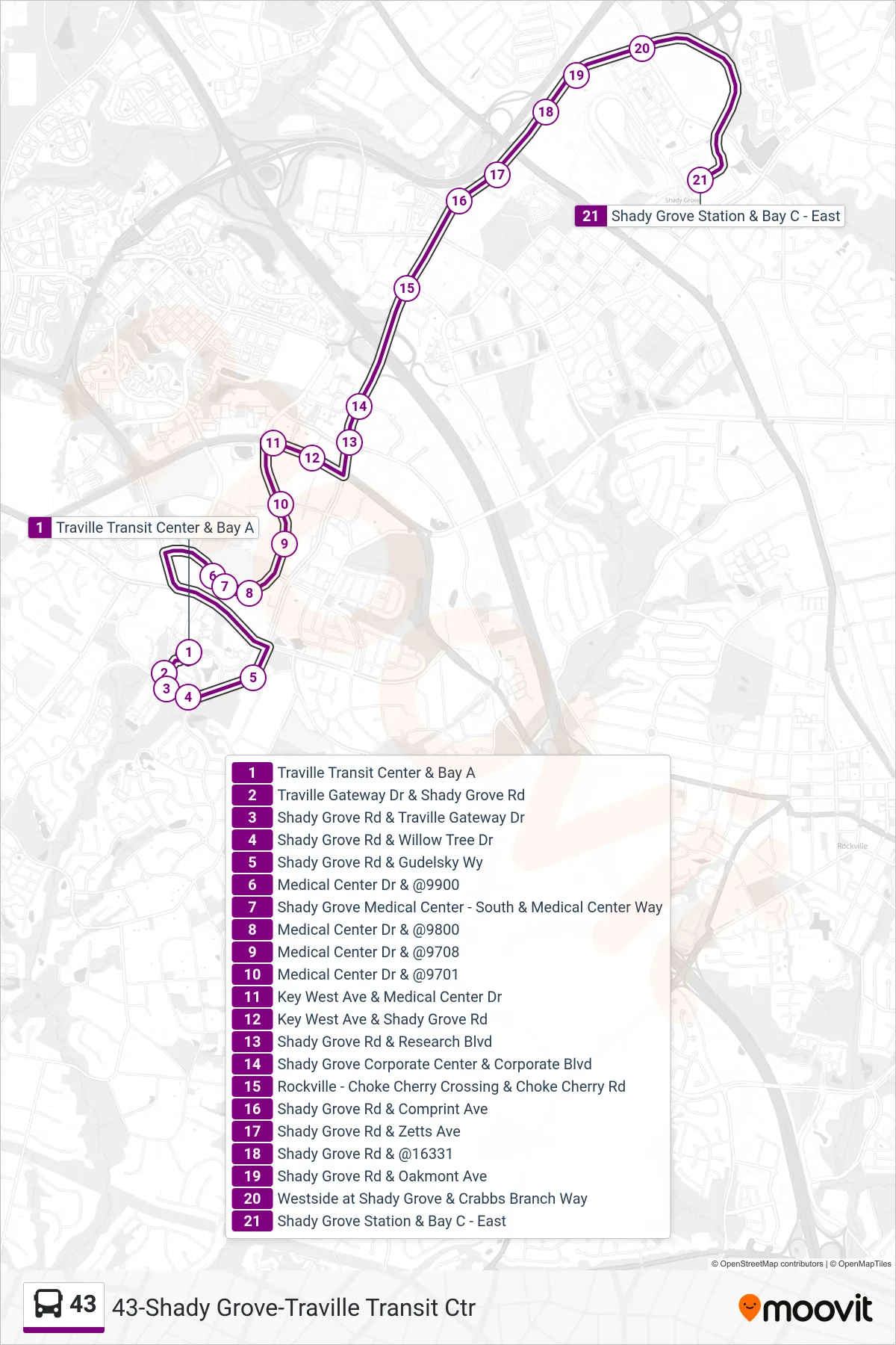 43 bus Line (Shady Grove) route and stops on a map