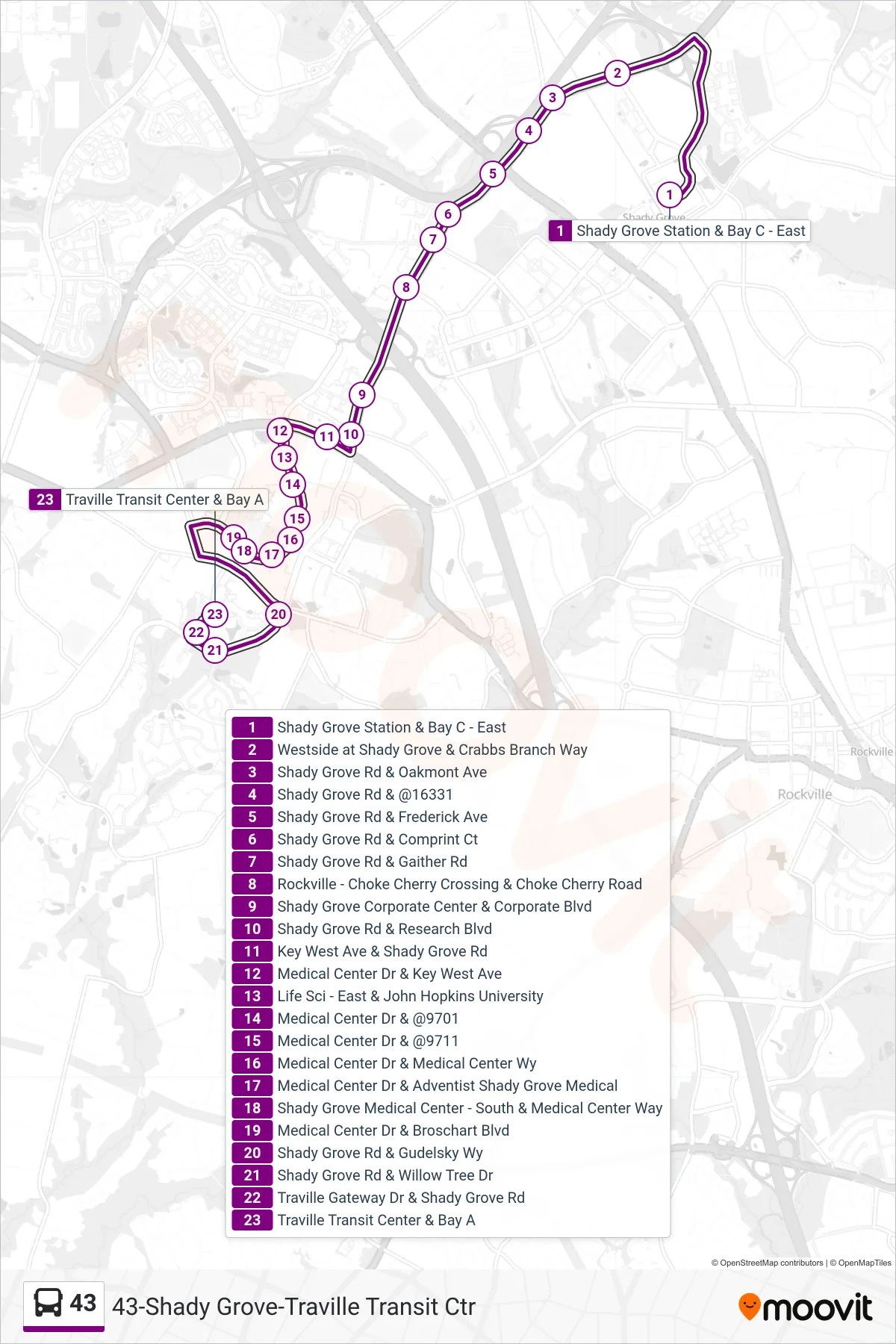 43 bus Line (Traville) route and stops on a map