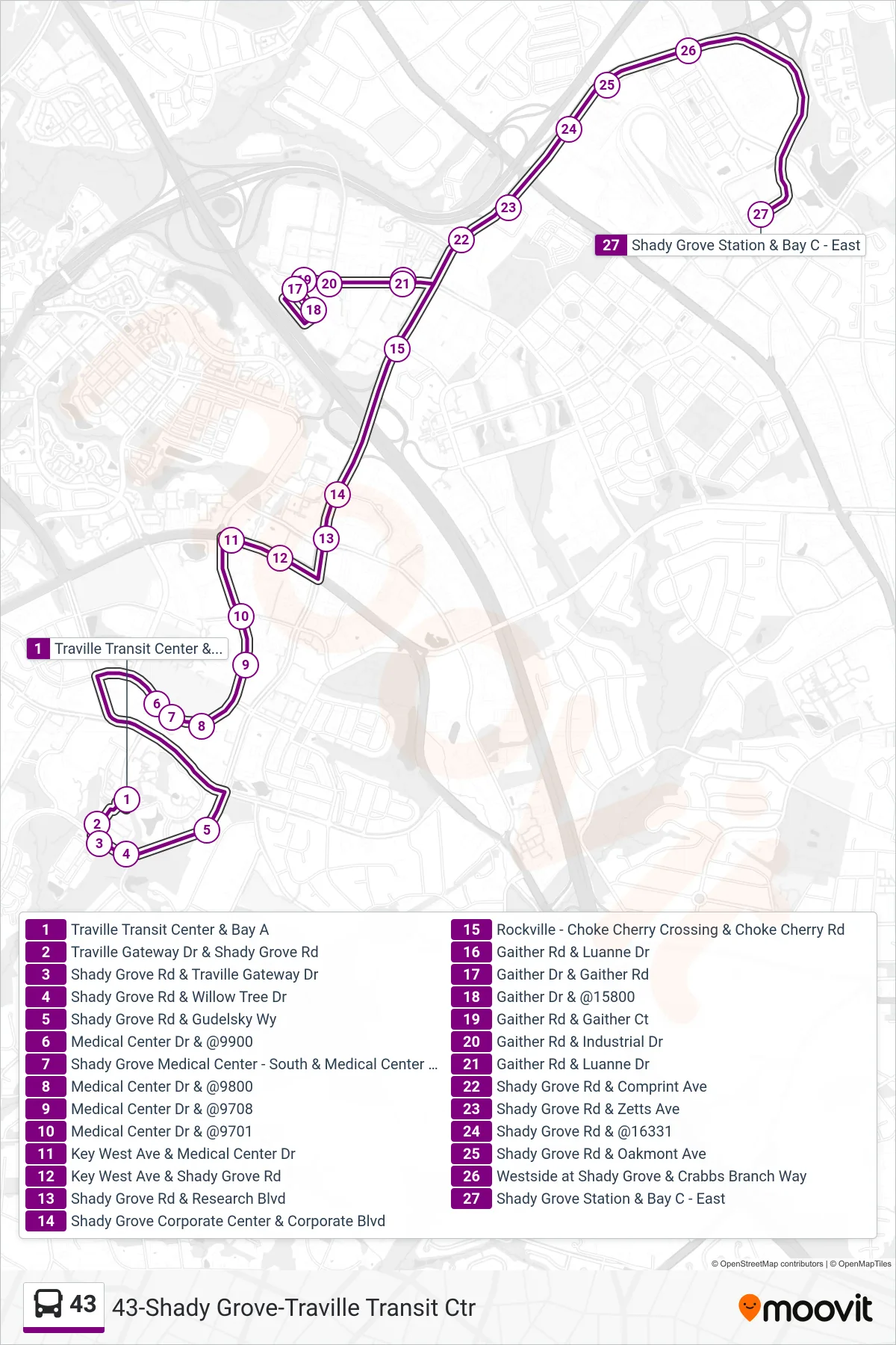 43 bus Line (Shady Grove Via Gaither Road) route and stops on a map