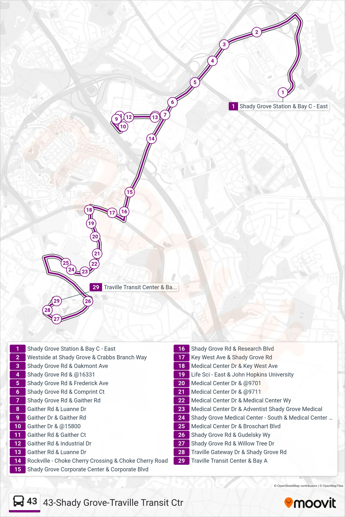 43 bus Line (Traville Via Gaither Road) route and stops on a map