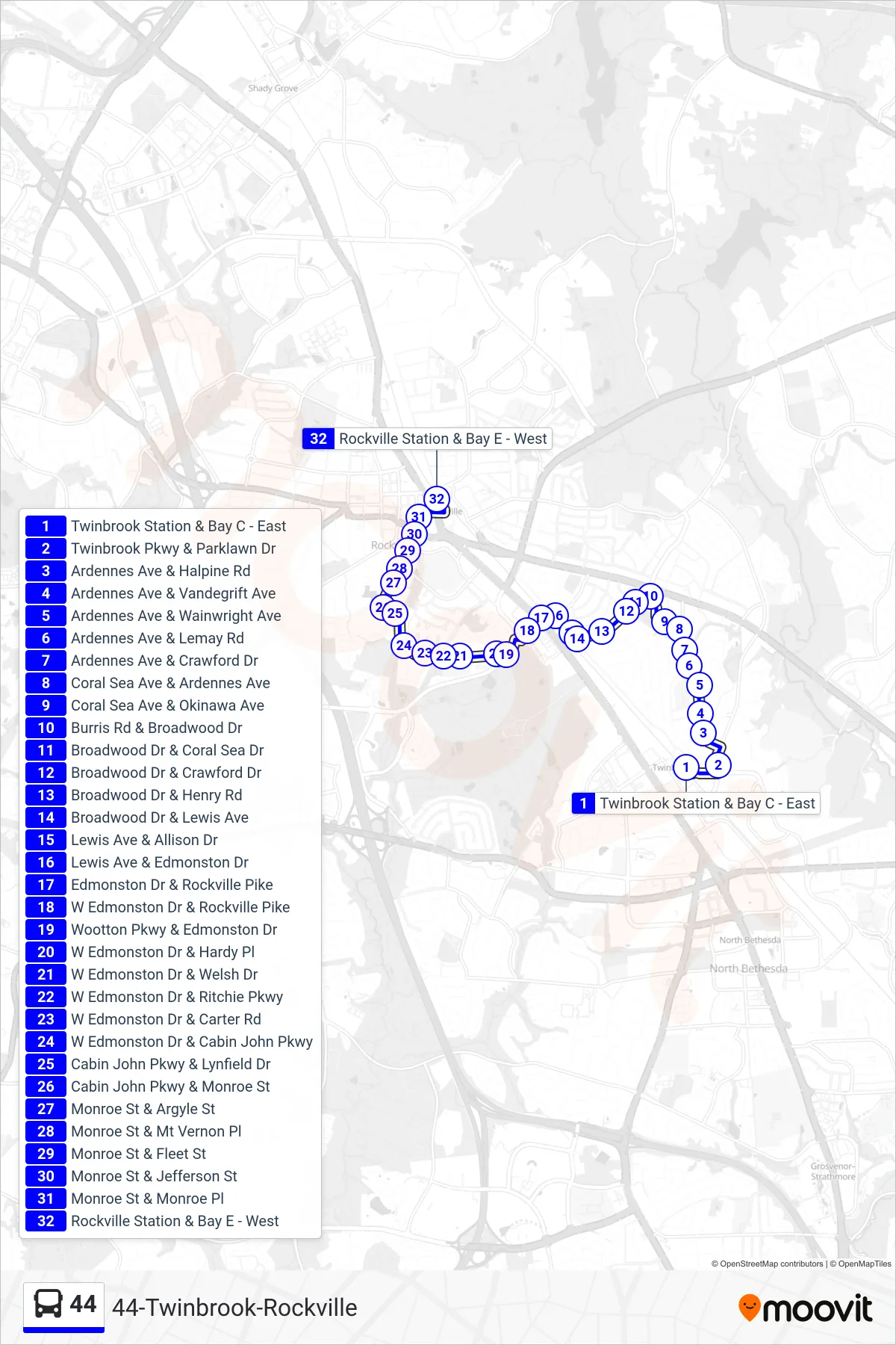 44 bus Line (Rockville) route and stops on a map