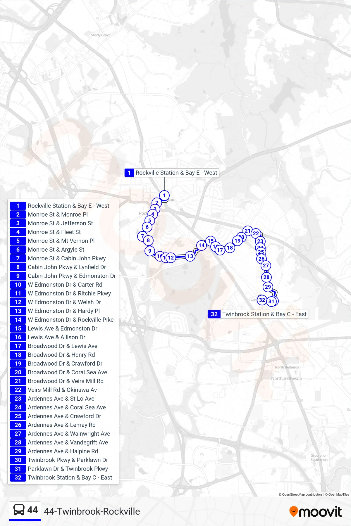 44 bus Line (Twinbrook) route and stops on a map