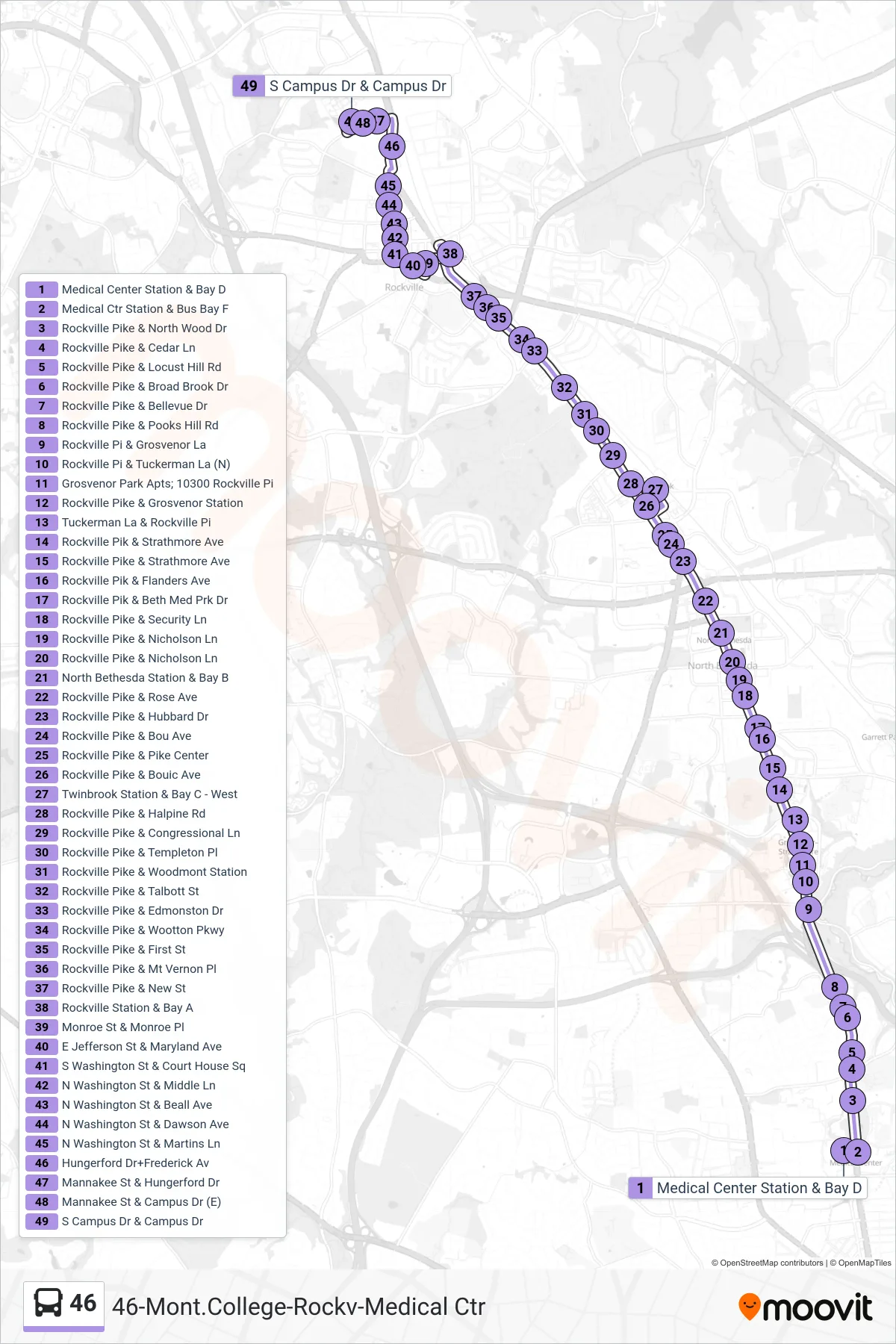 46 bus Line (Mont College Rockville) route and stops on a map