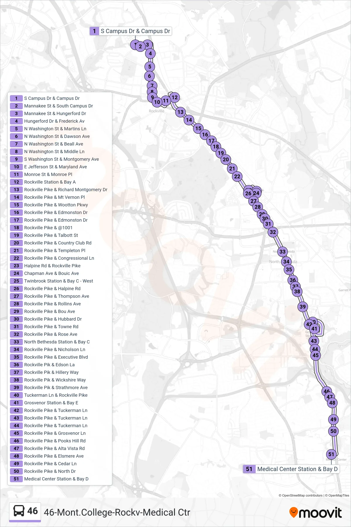 46 bus Line (Medical Center) route and stops on a map