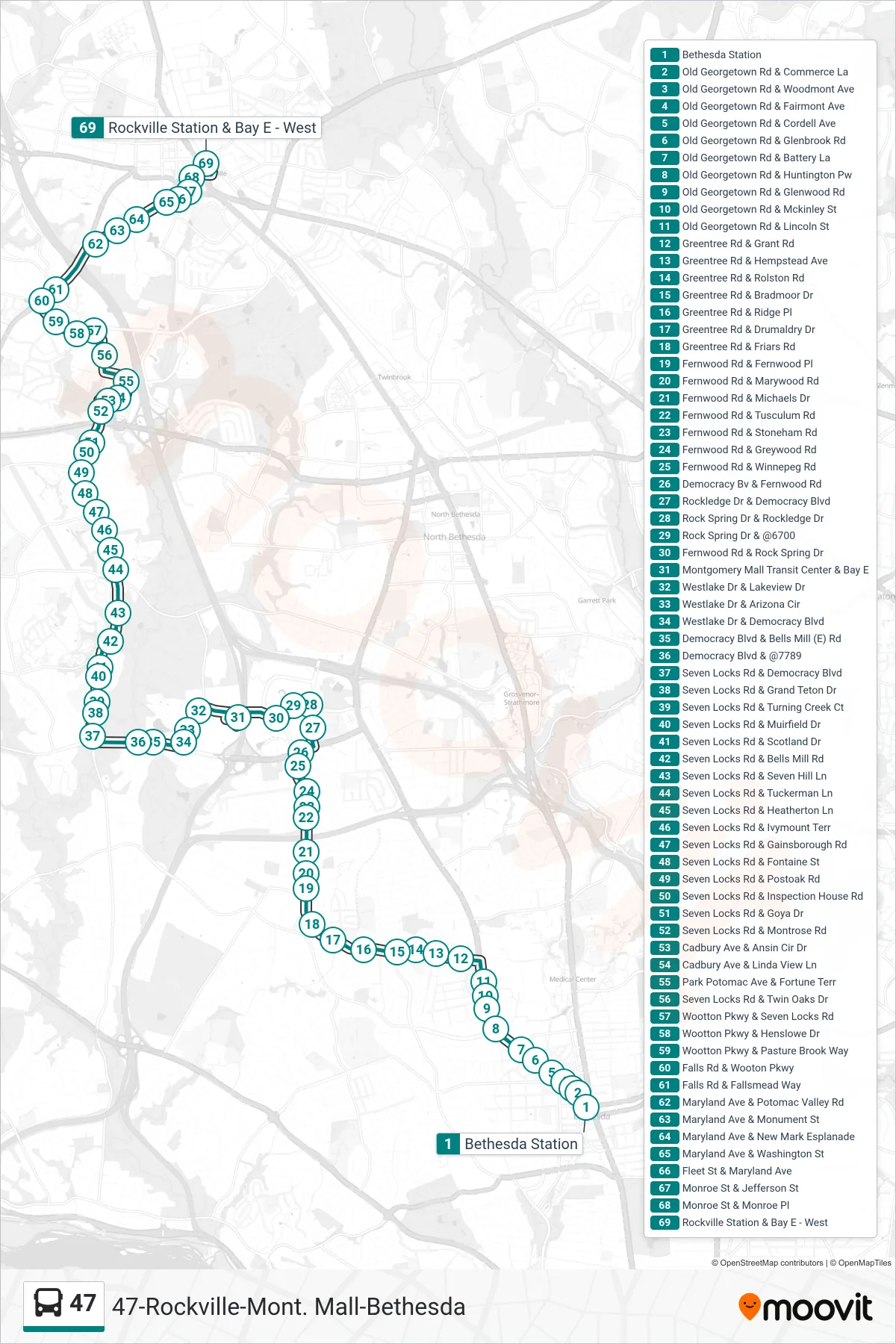 47 bus Line (Rockville) route and stops on a map
