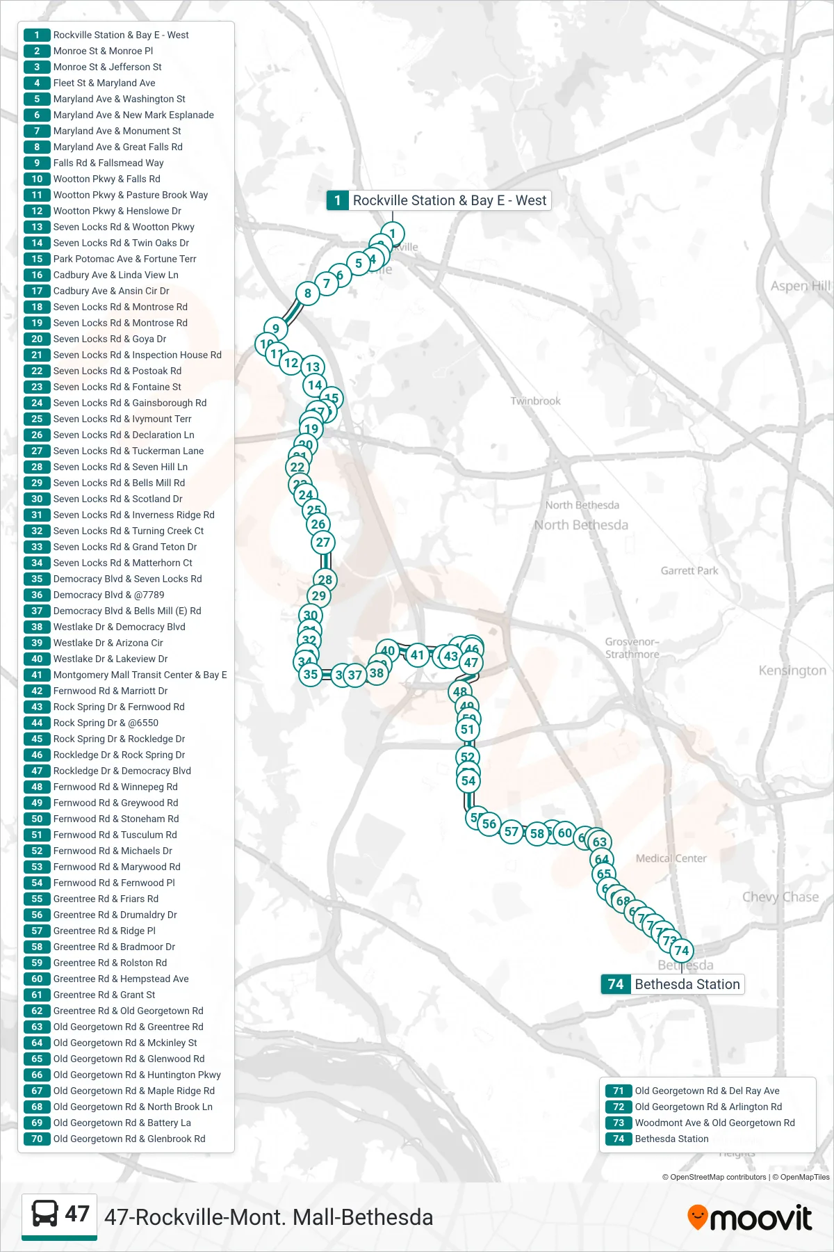 47 bus Line (Bethesda) route and stops on a map