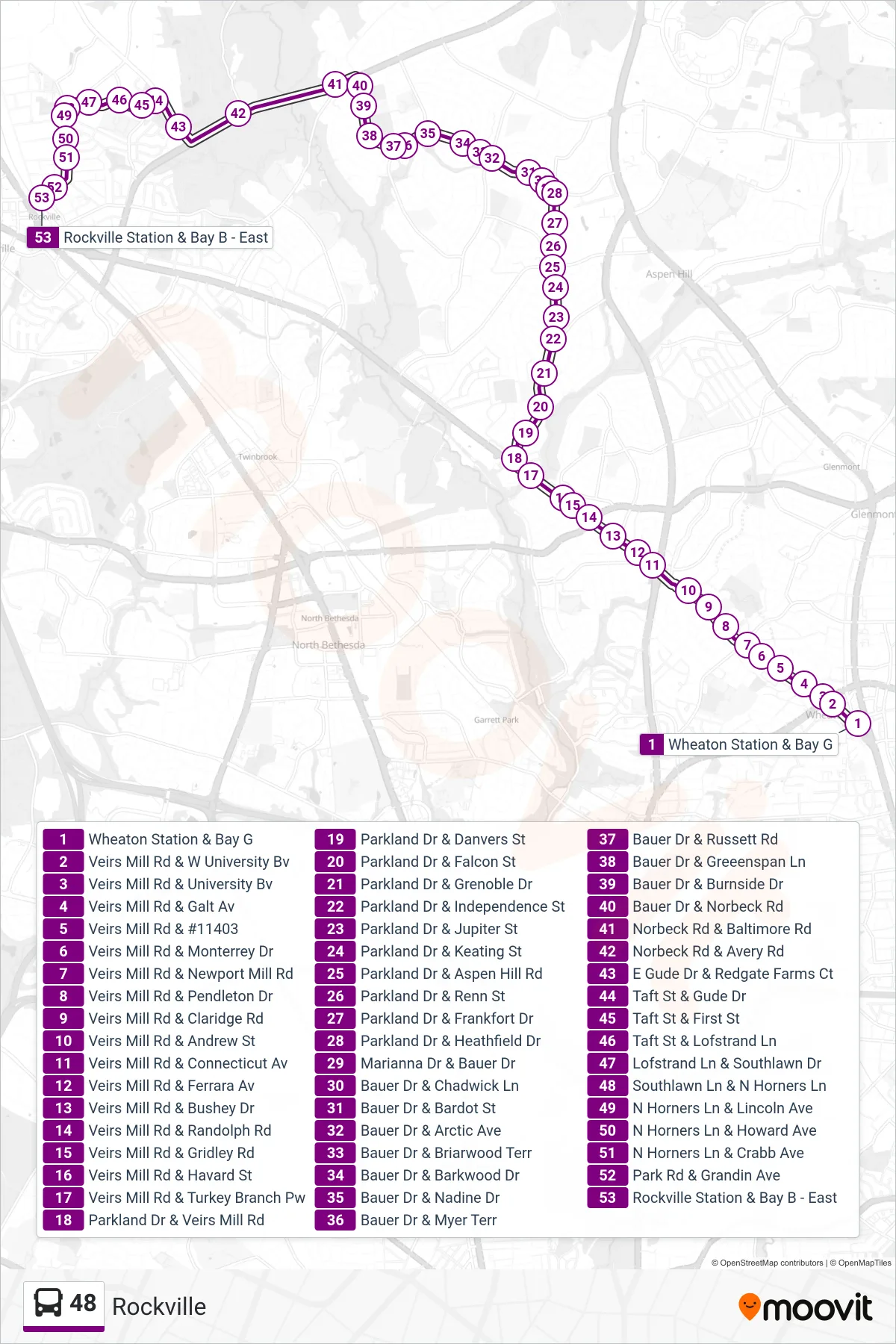 48 bus Line (Rockville) route and stops on a map