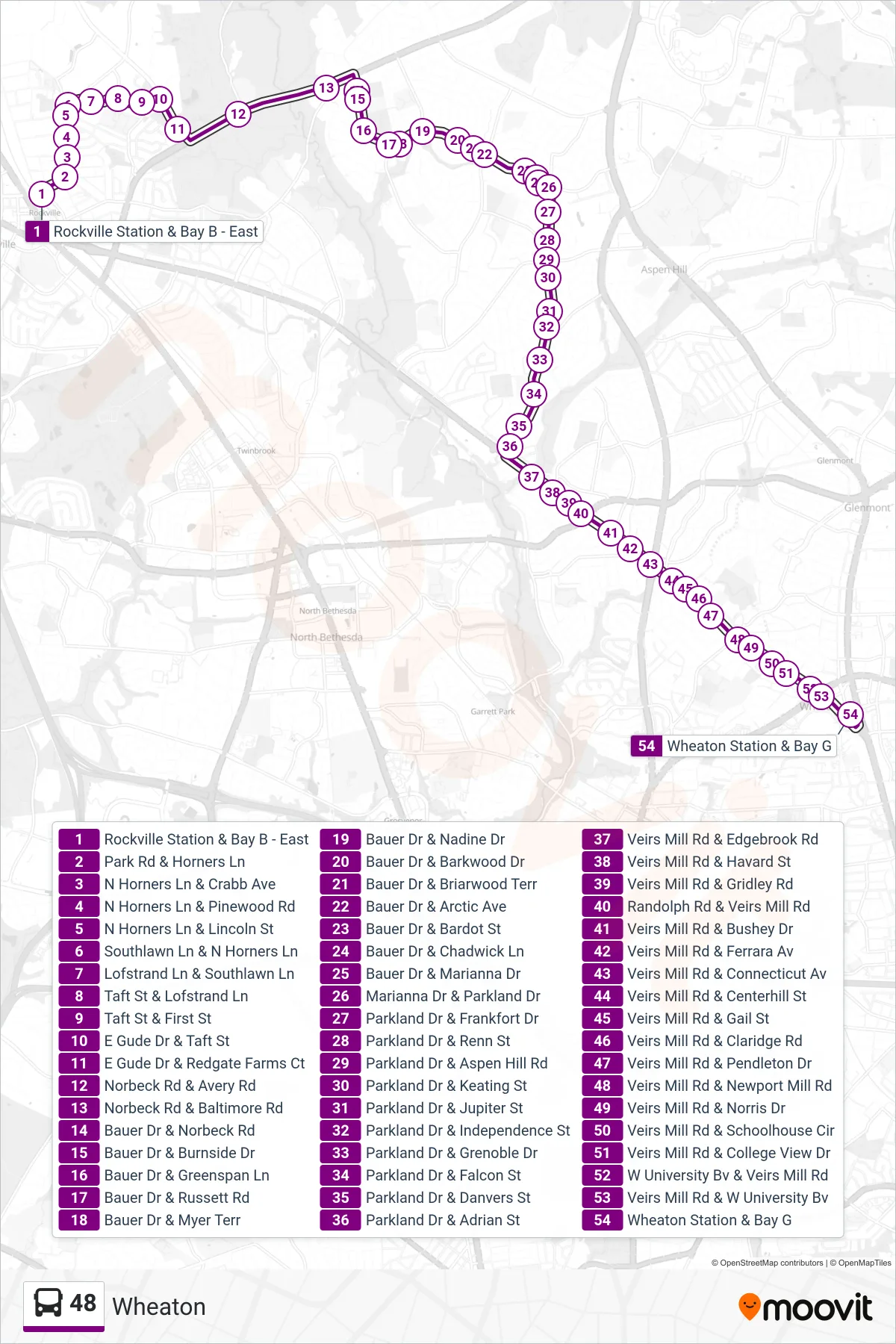 48 bus Line (Wheaton) route and stops on a map