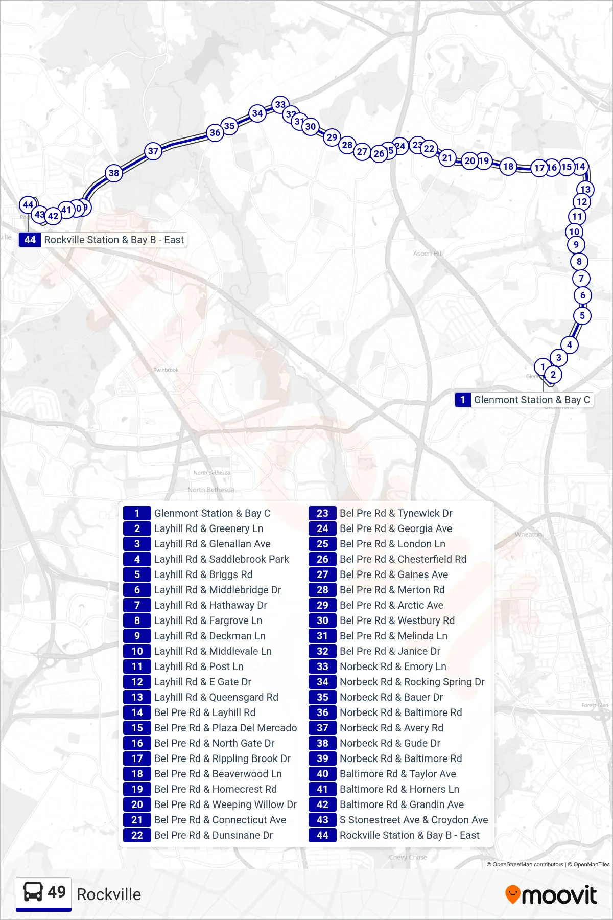 49 bus Line (Rockville) route and stops on a map
