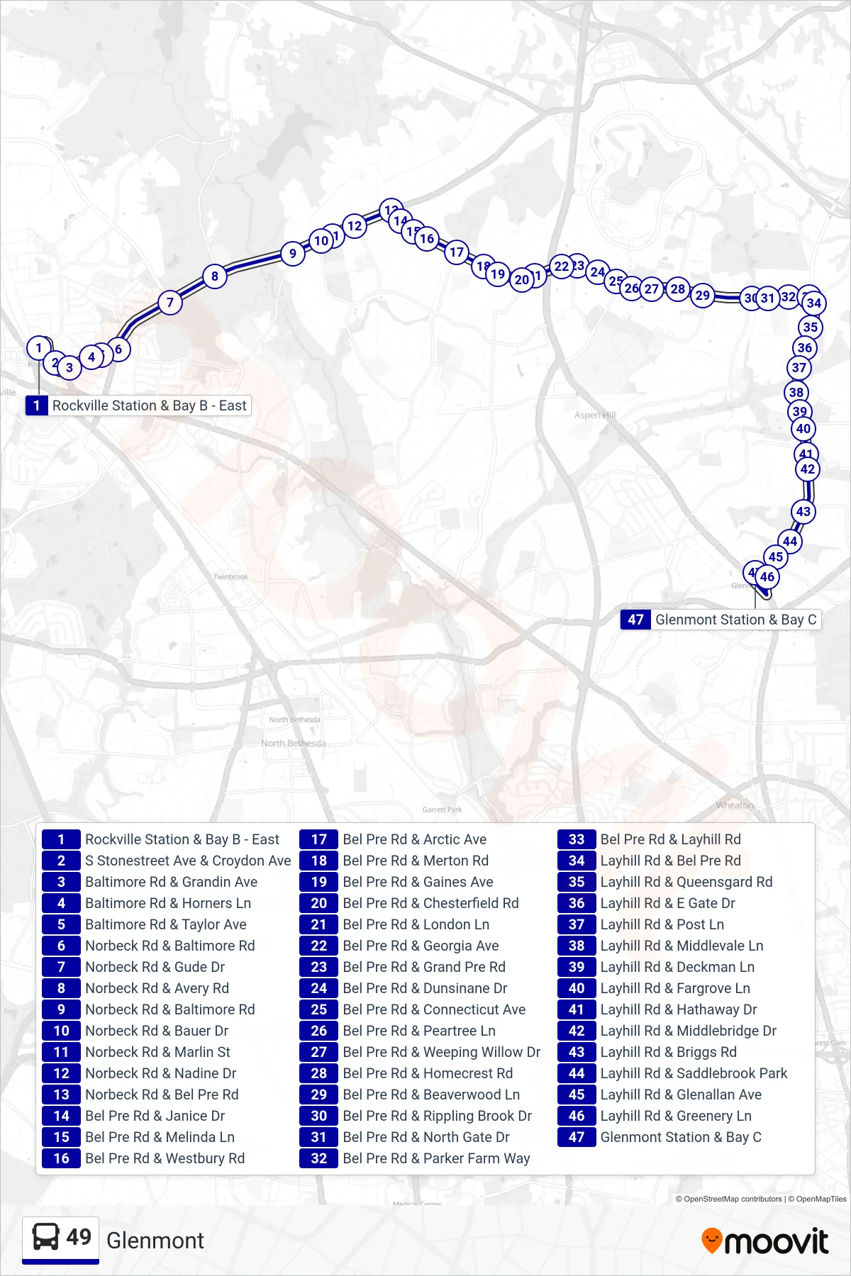 49 bus Line (Glenmont) route and stops on a map
