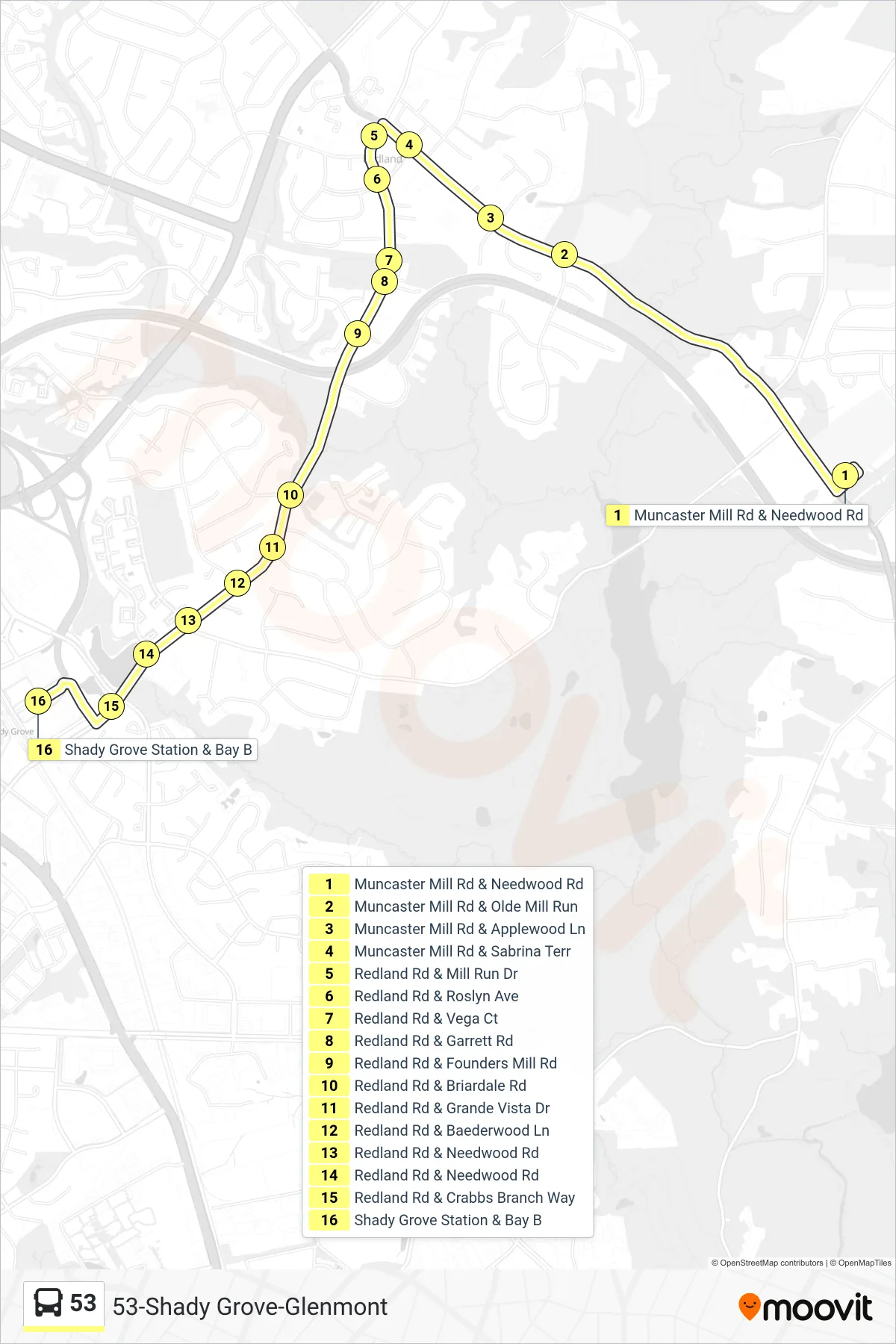 53 bus Line (Shady Grove) route and stops on a map