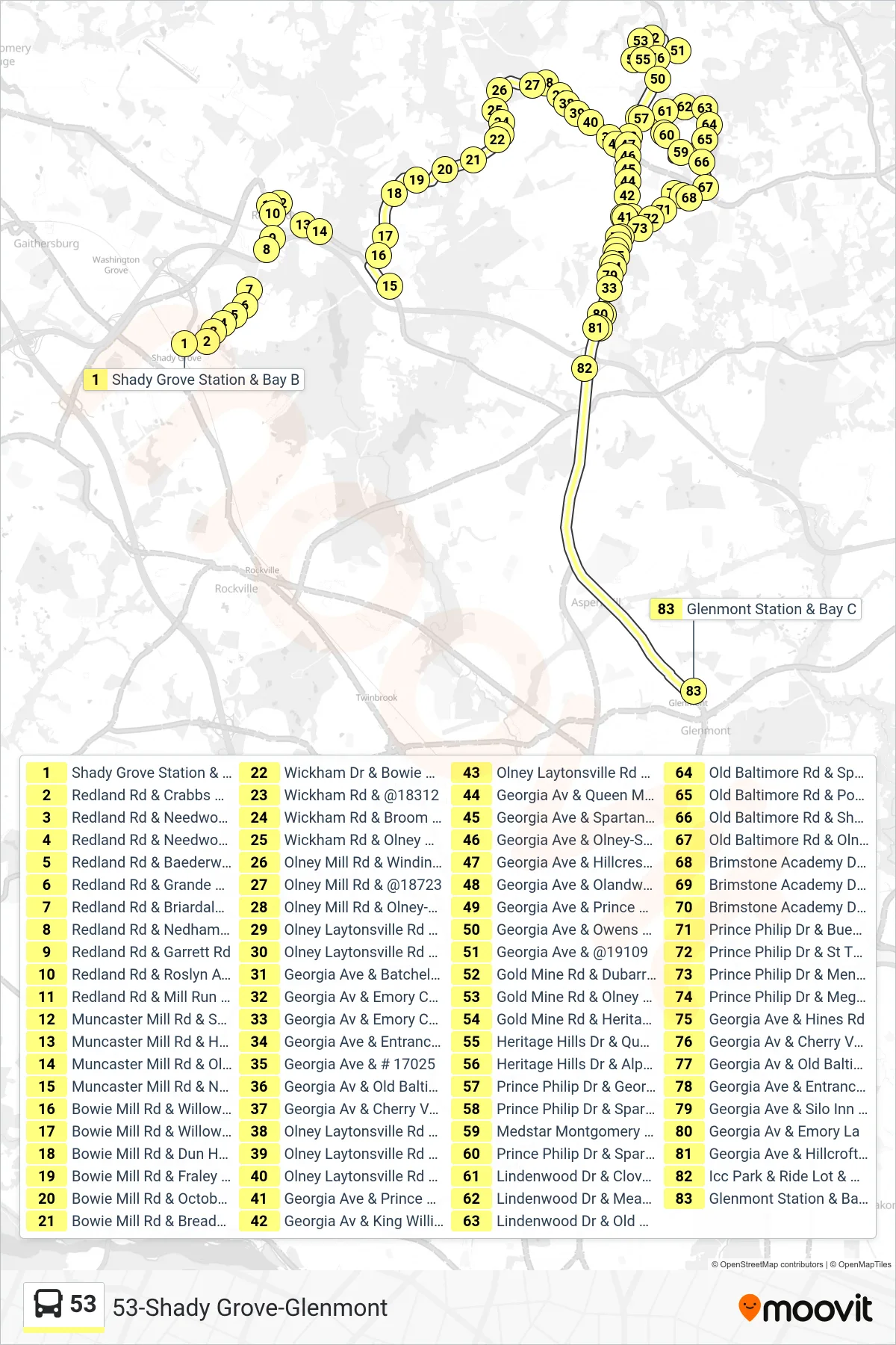 53 bus Line (Glenmont Via Olney) route and stops on a map