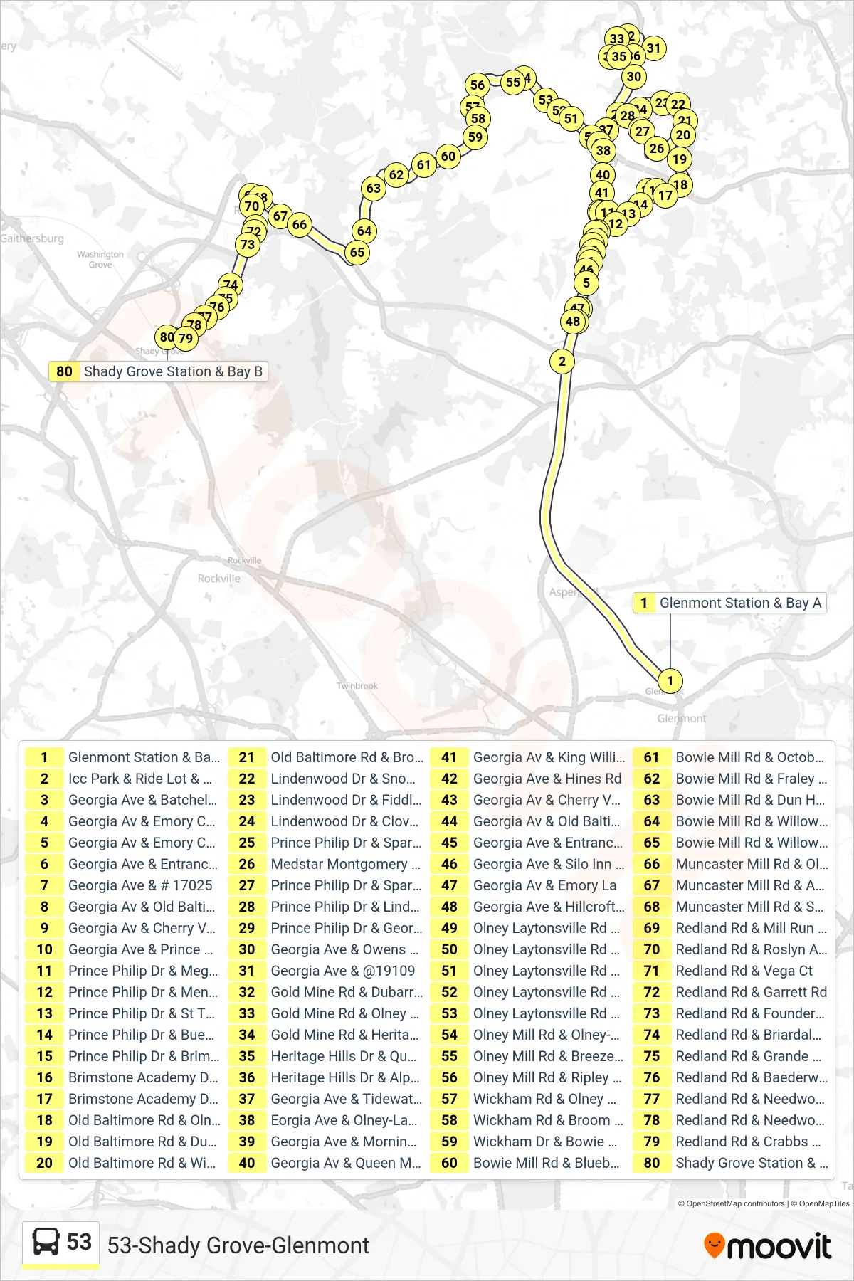 53 bus Line (Shady Grove Via Olney) route and stops on a map