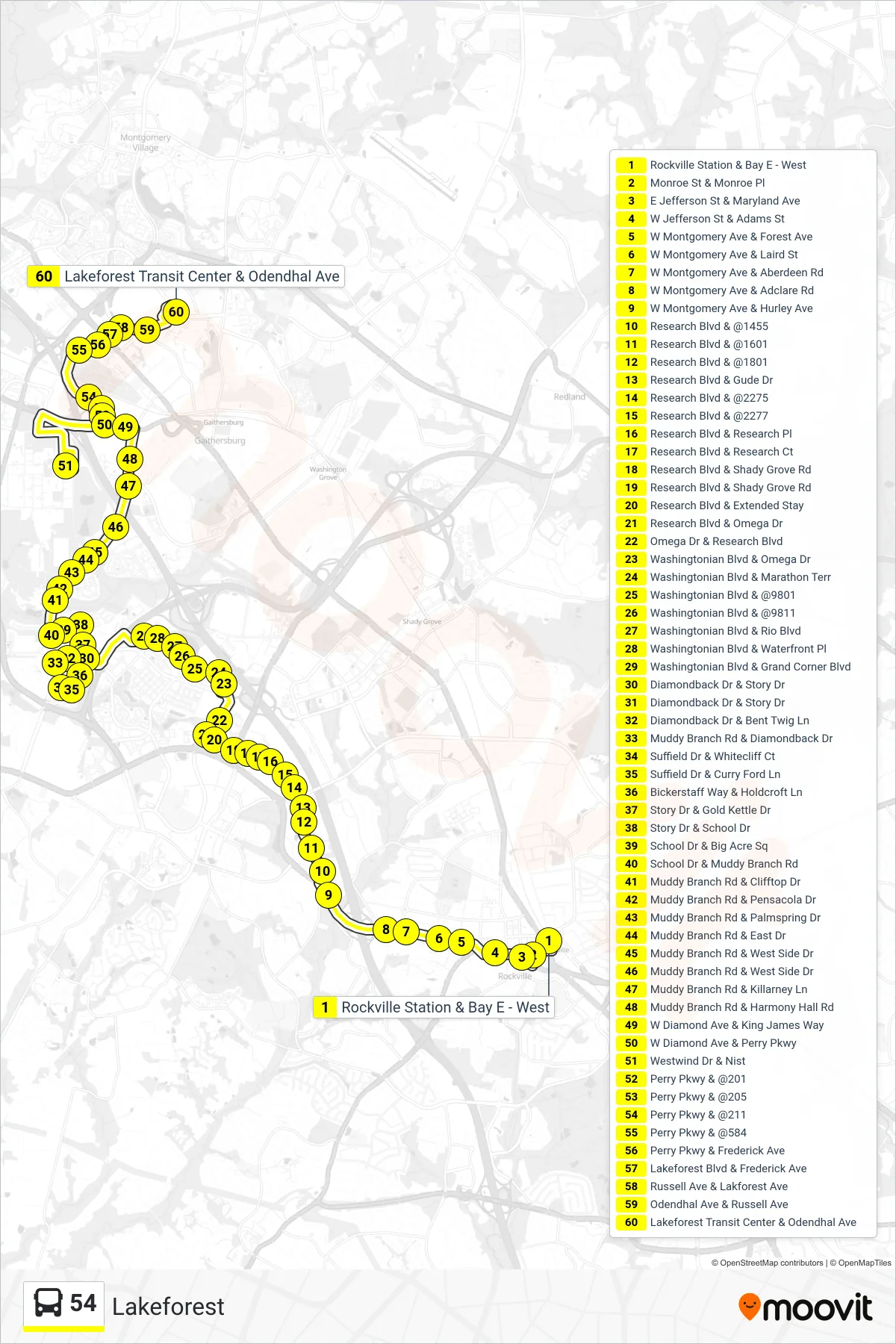 54 bus Line (Lakeforest) route and stops on a map