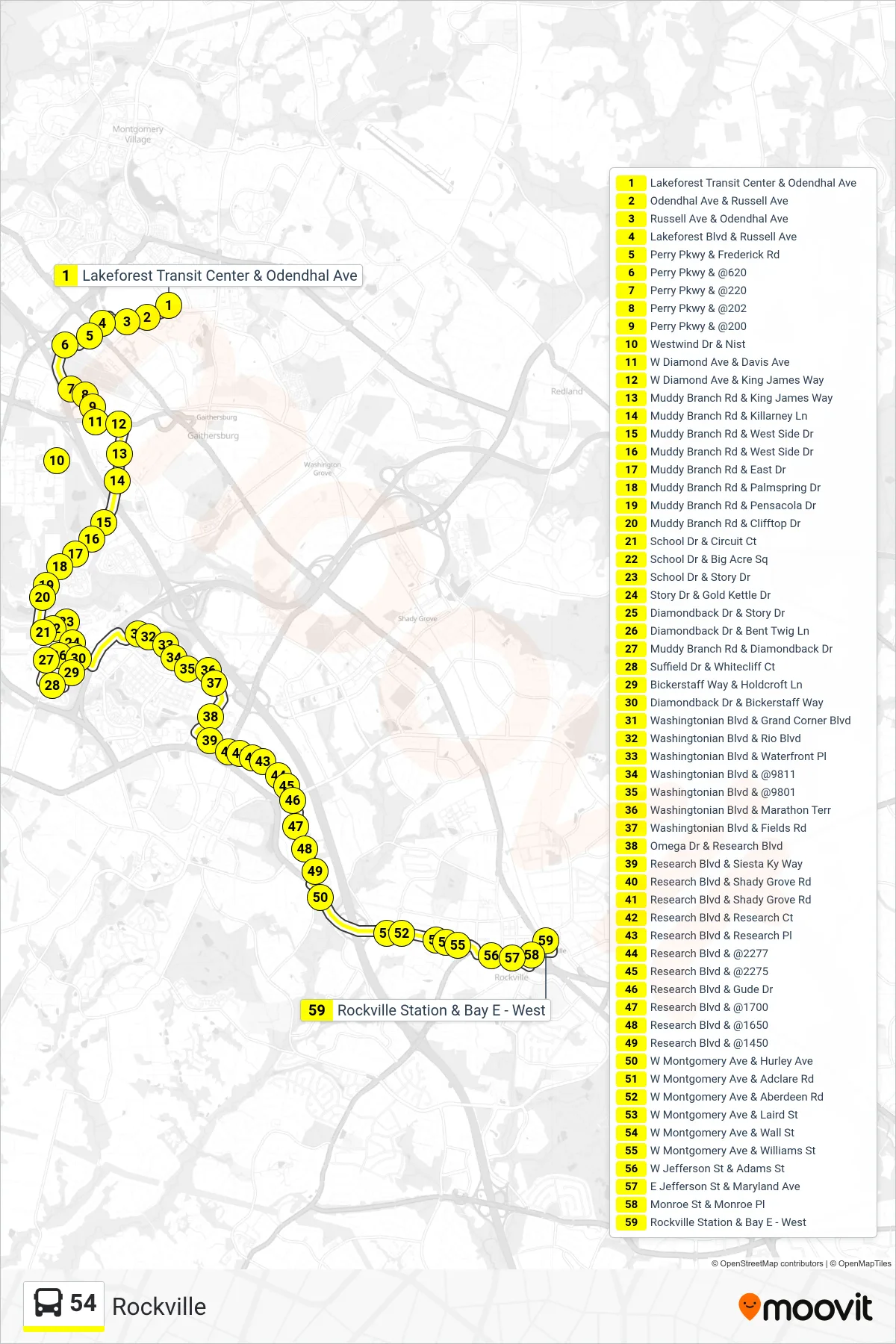 54 bus Line (Rockville) route and stops on a map