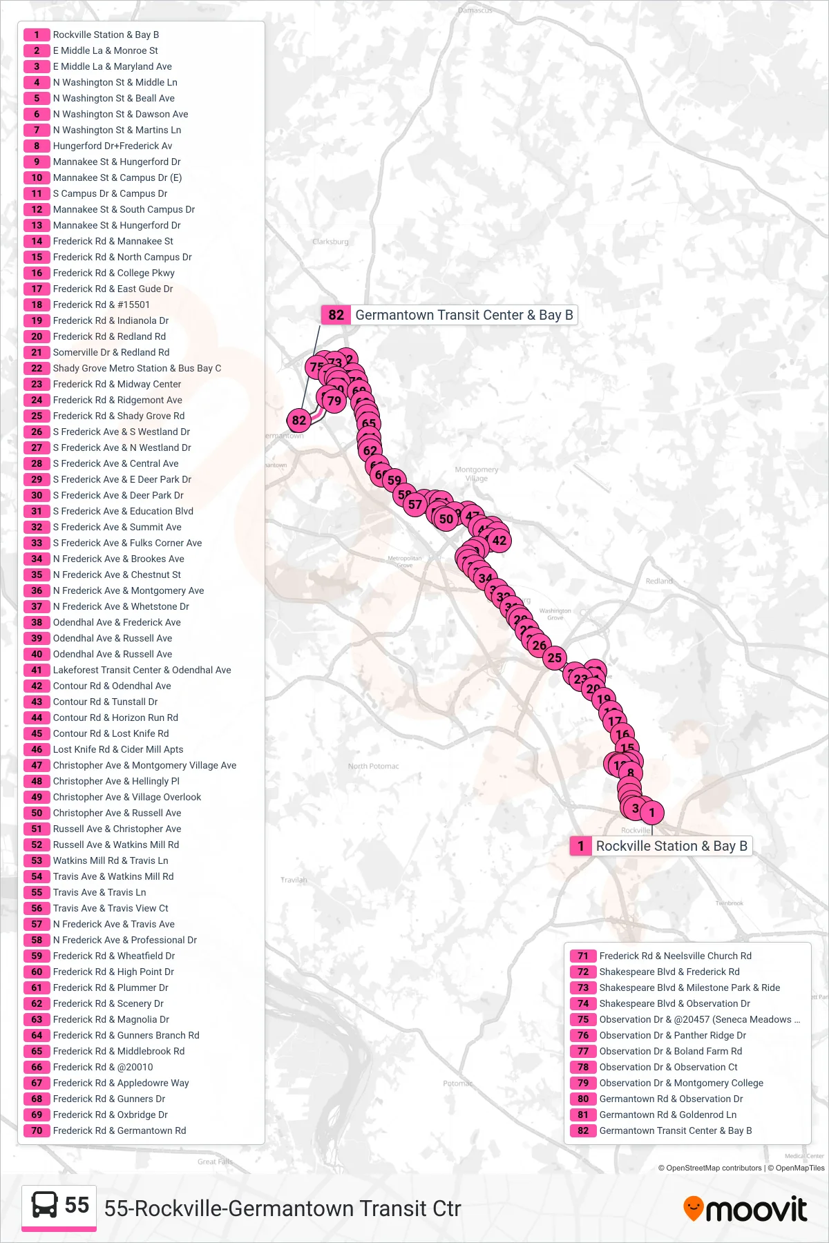55 bus Line (Germantown) route and stops on a map