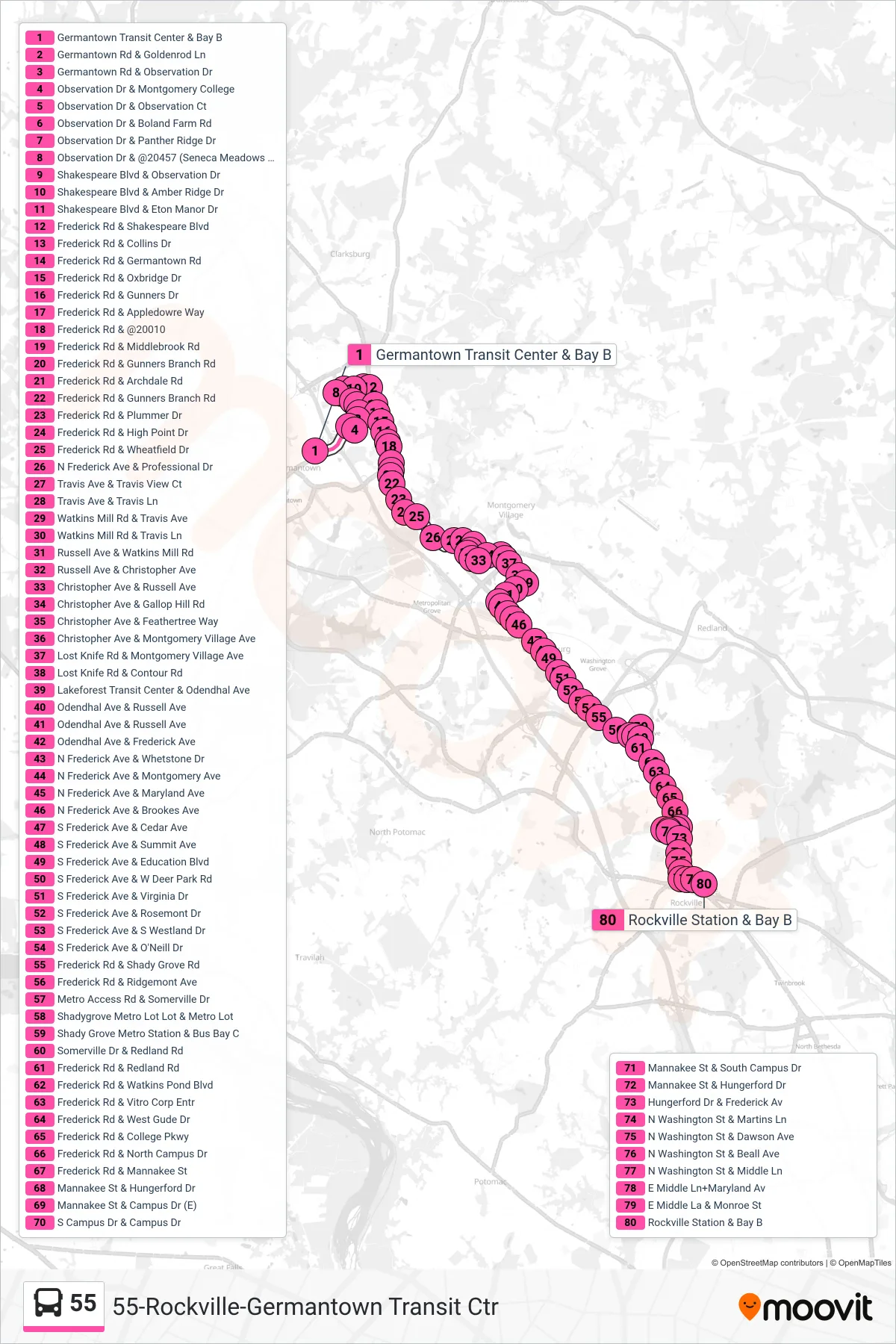 55 bus Line (Rockville) route and stops on a map