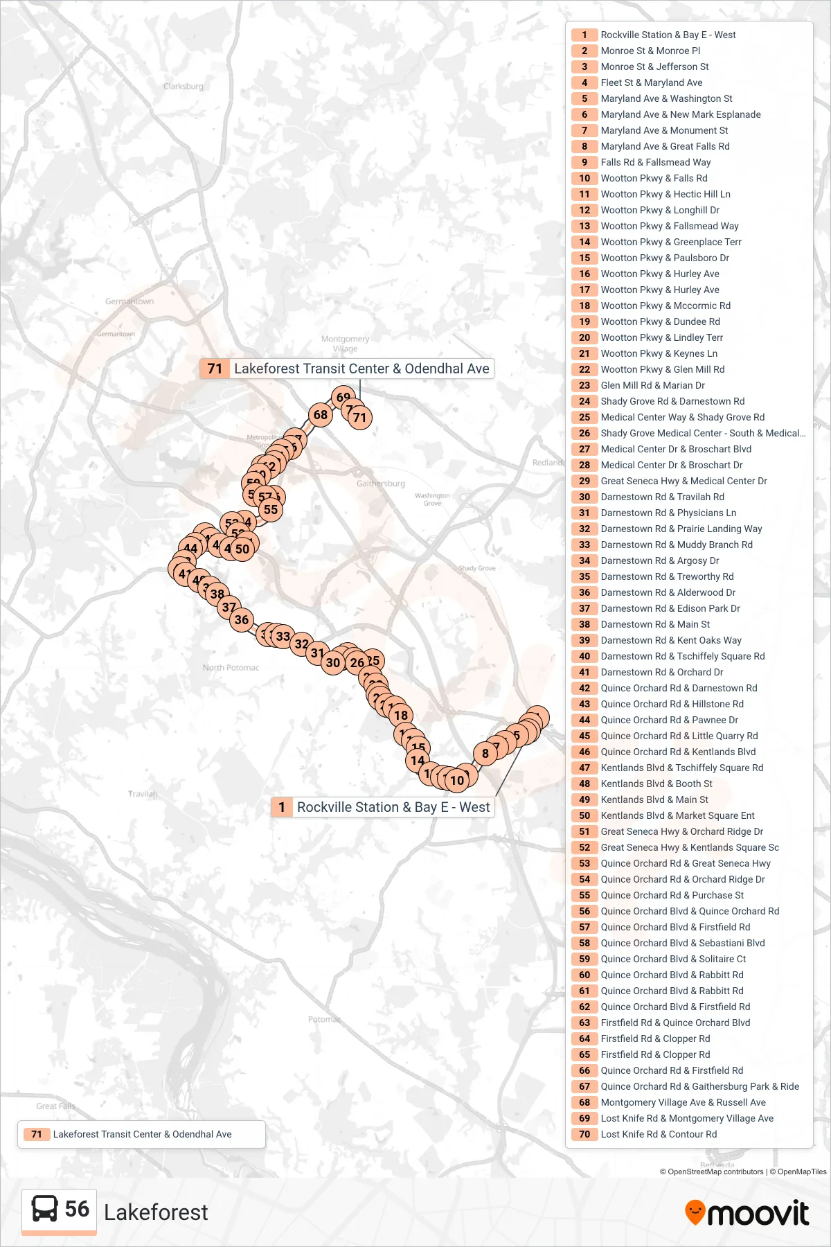 56 bus Line (Lakeforest) route and stops on a map
