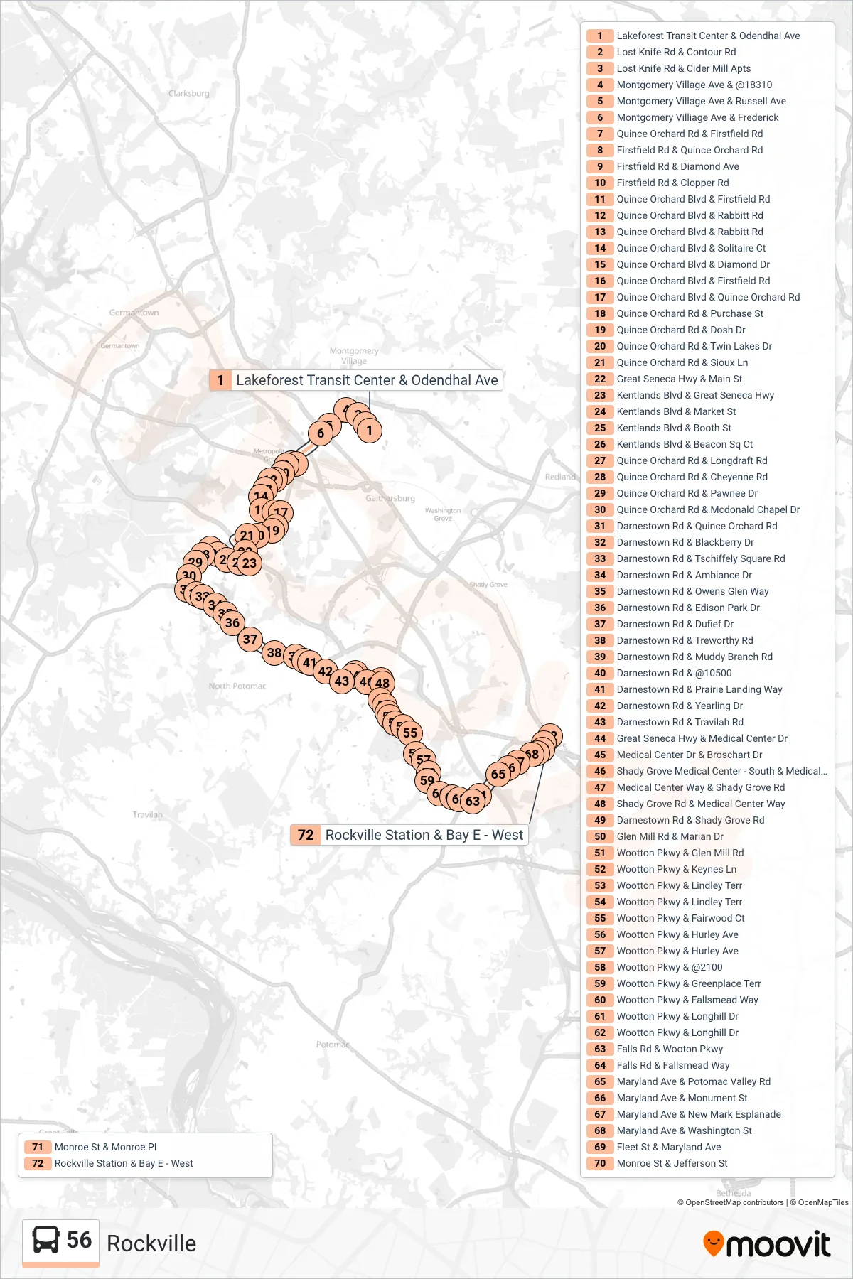 56 bus Line (Rockville) route and stops on a map