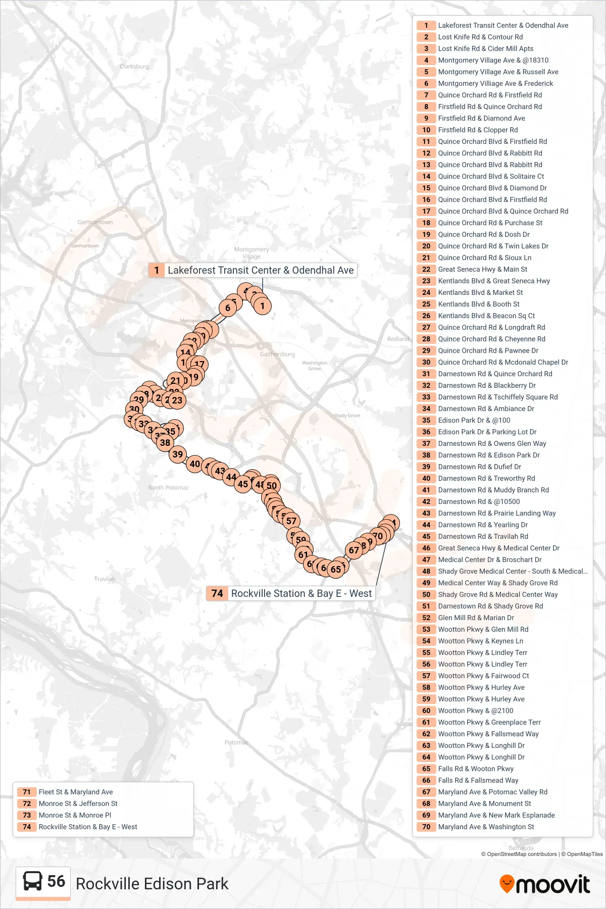 56 bus Line (Rockville Edison Park) route and stops on a map