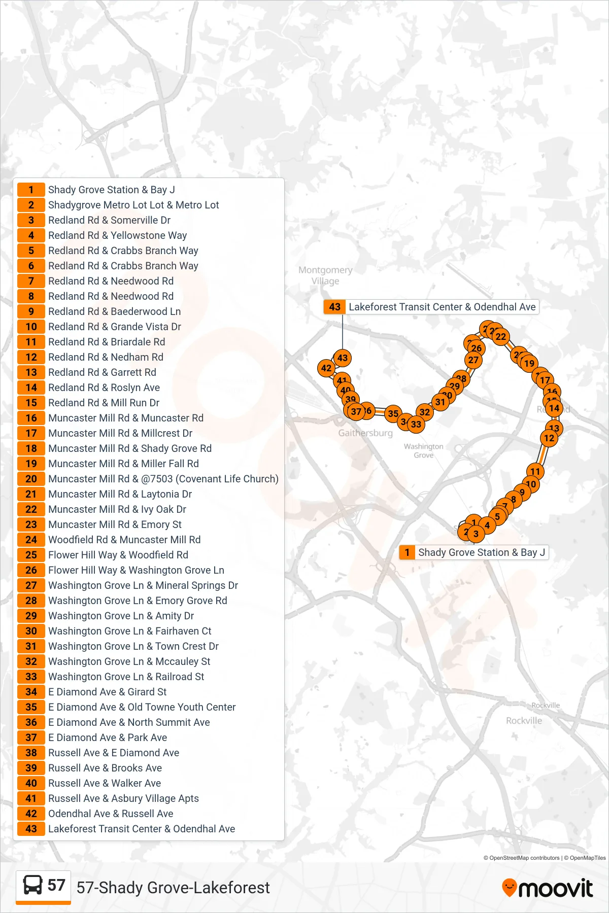 57 bus Line (Lakeforest) route and stops on a map
