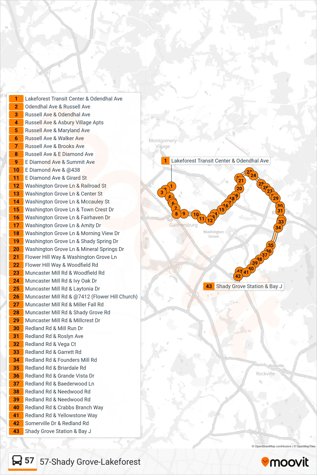 57 bus Line (Shady Grove) route and stops on a map