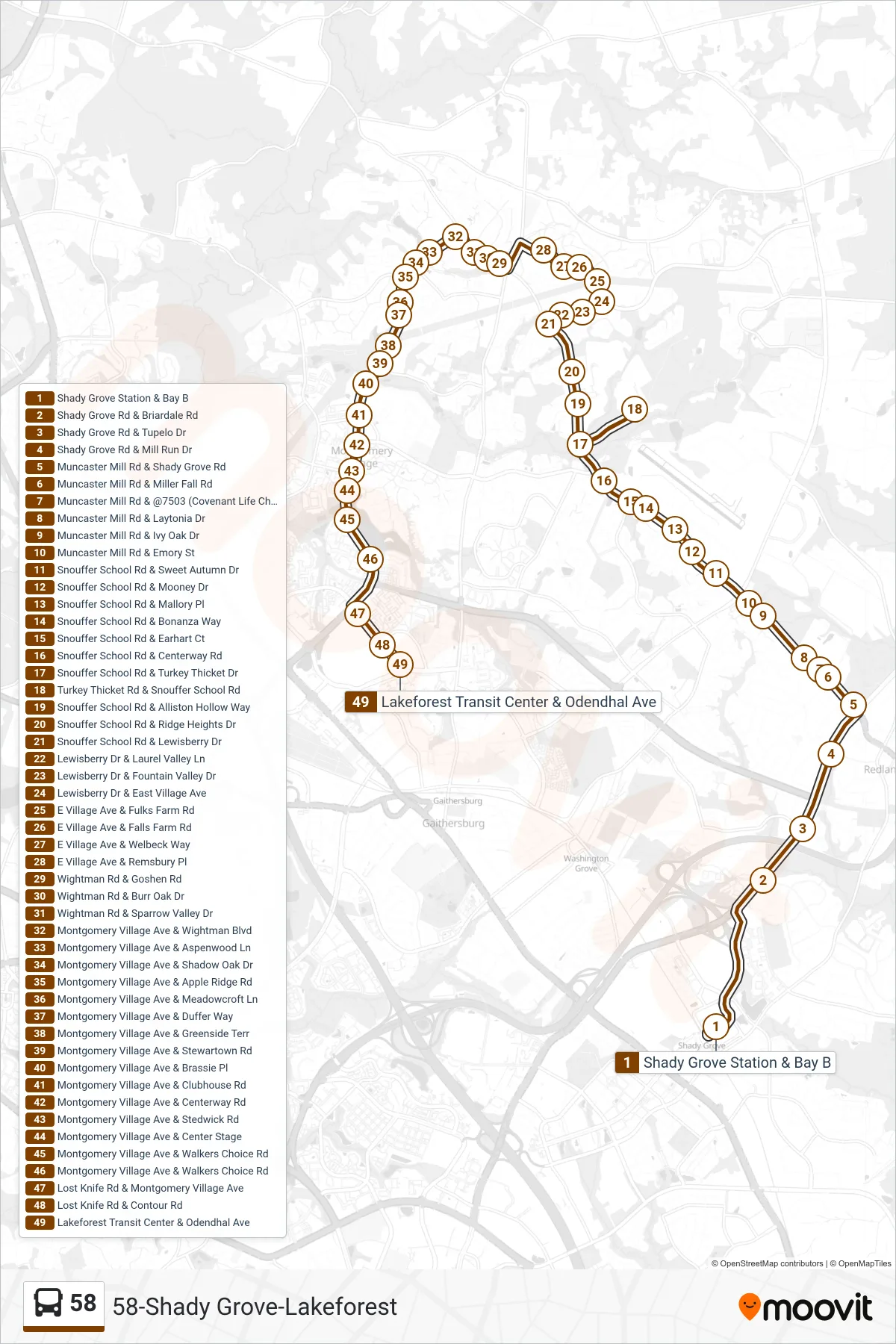 58 bus Line (Lakeforest) route and stops on a map