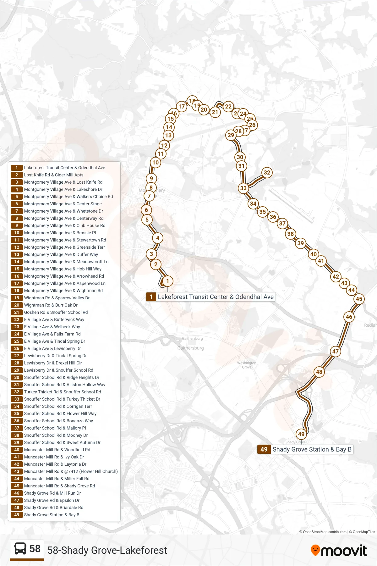 58 bus Line (Shady Grove) route and stops on a map