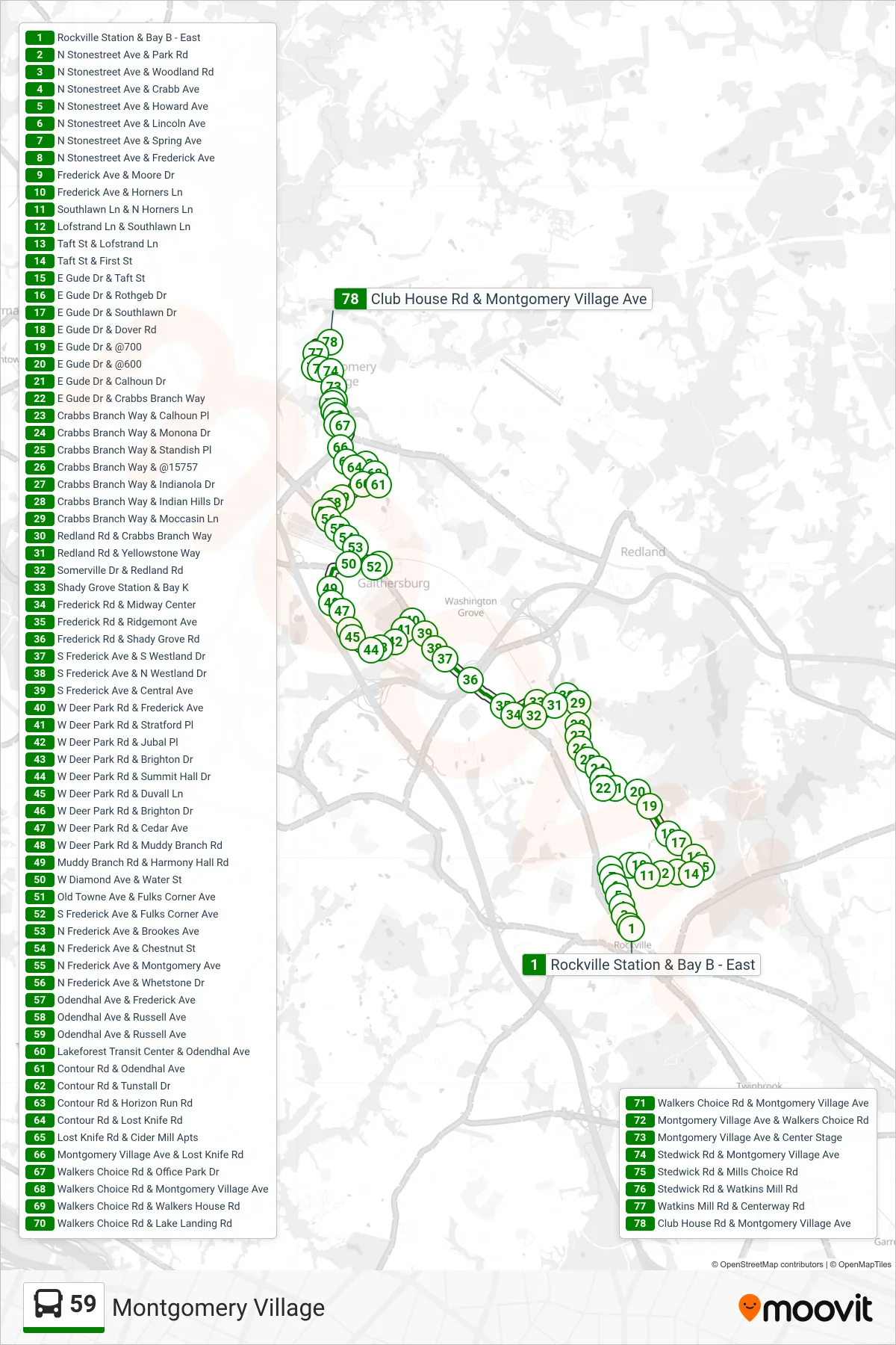 59 bus Line (Montgomery Village) route and stops on a map