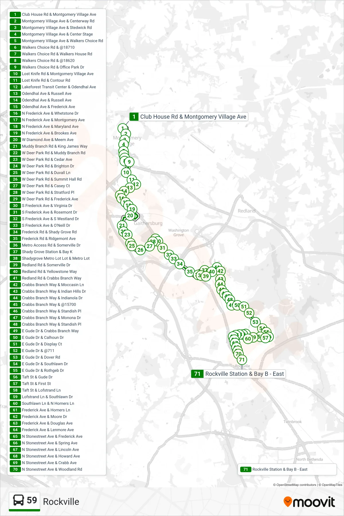 59 bus Line (Rockville) route and stops on a map