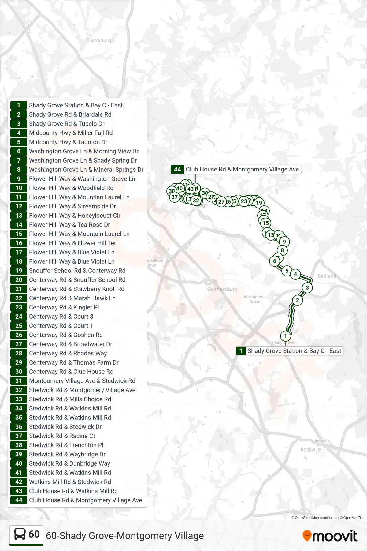 60 bus Line (Montgomery Village) route and stops on a map