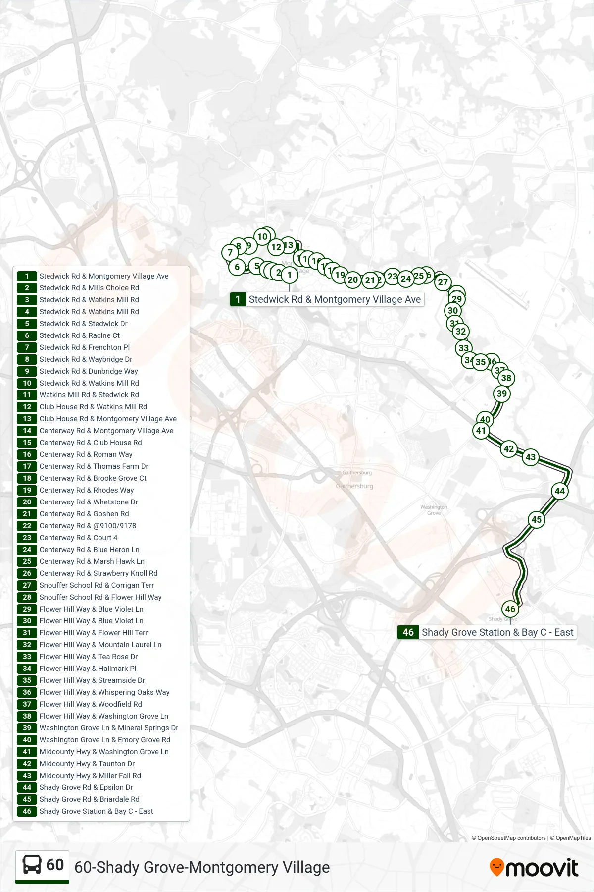 60 bus Line (Shady Grove) route and stops on a map