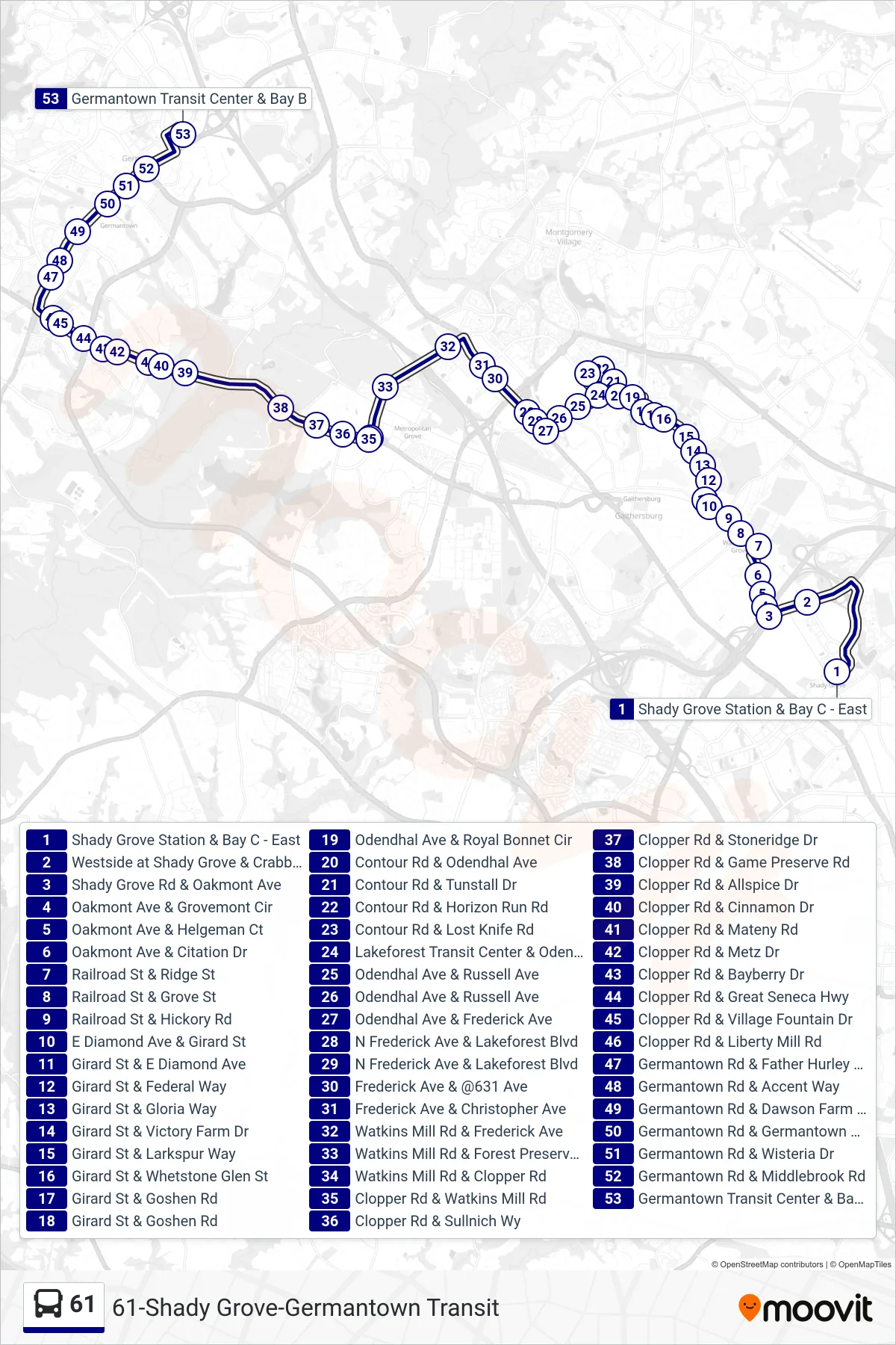61 bus Line (Germantown Trans Cntr Via Watkins Mill Rd) route and stops on a map