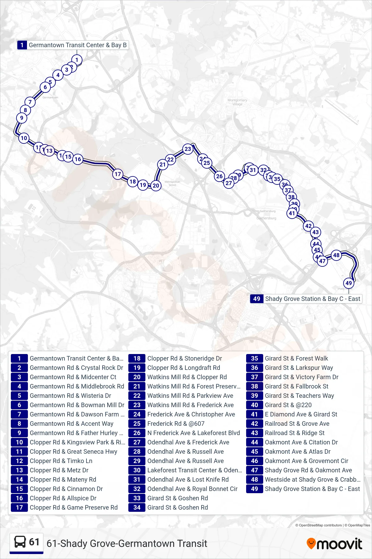 61 bus Line (Shady Grove Via Watkins Mill Rd) route and stops on a map