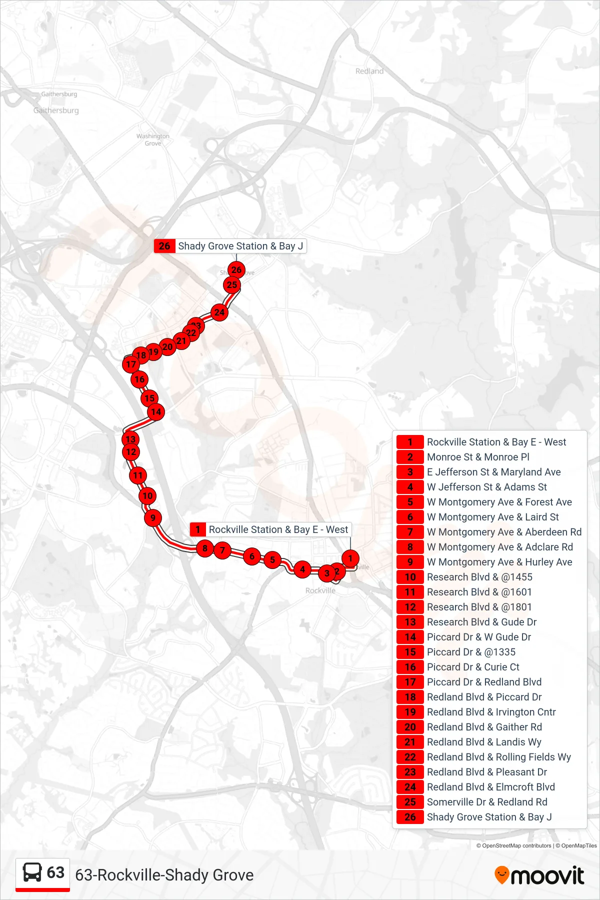 63 bus Line (Shady Grove) route and stops on a map