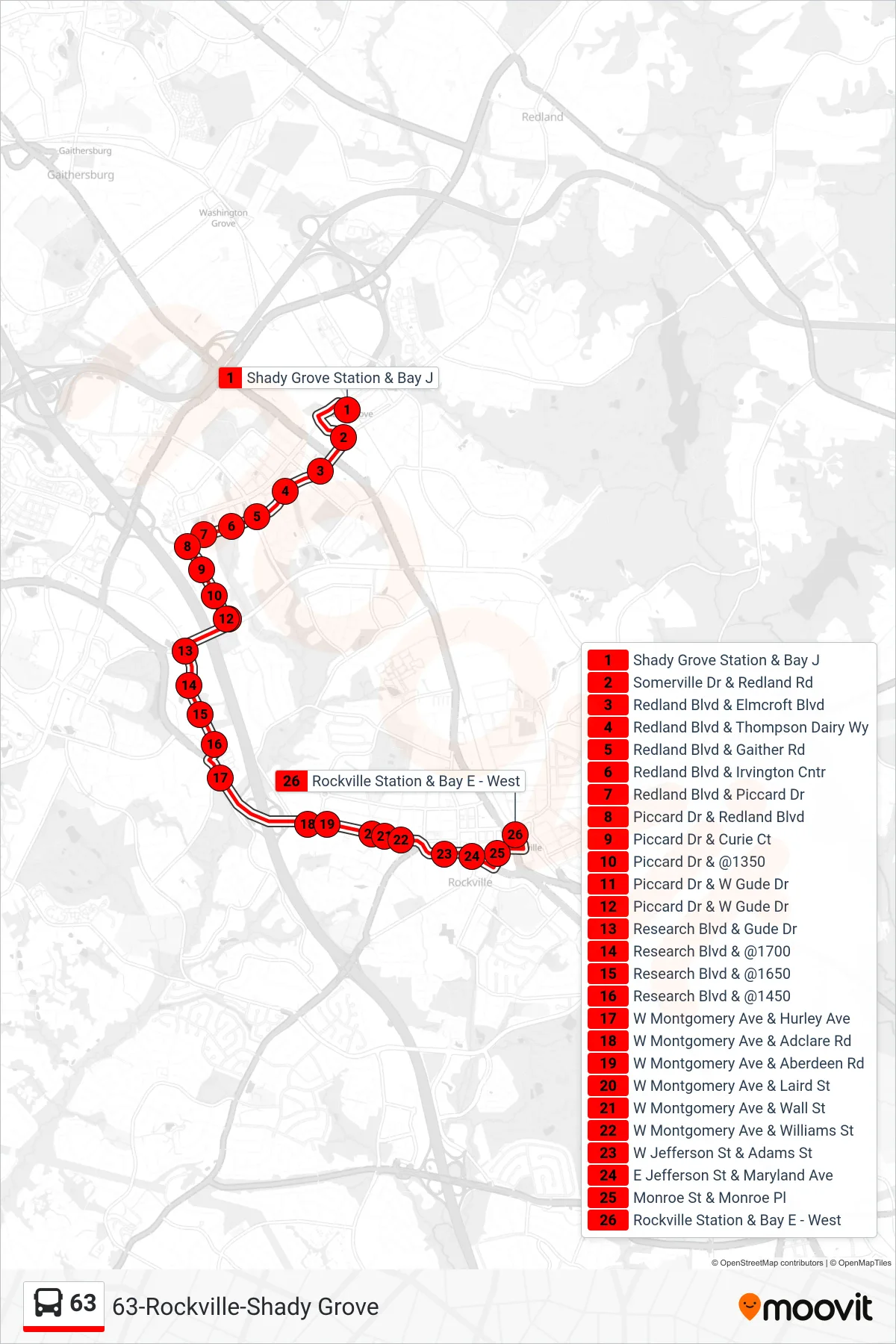 63 bus Line (Rockville) route and stops on a map