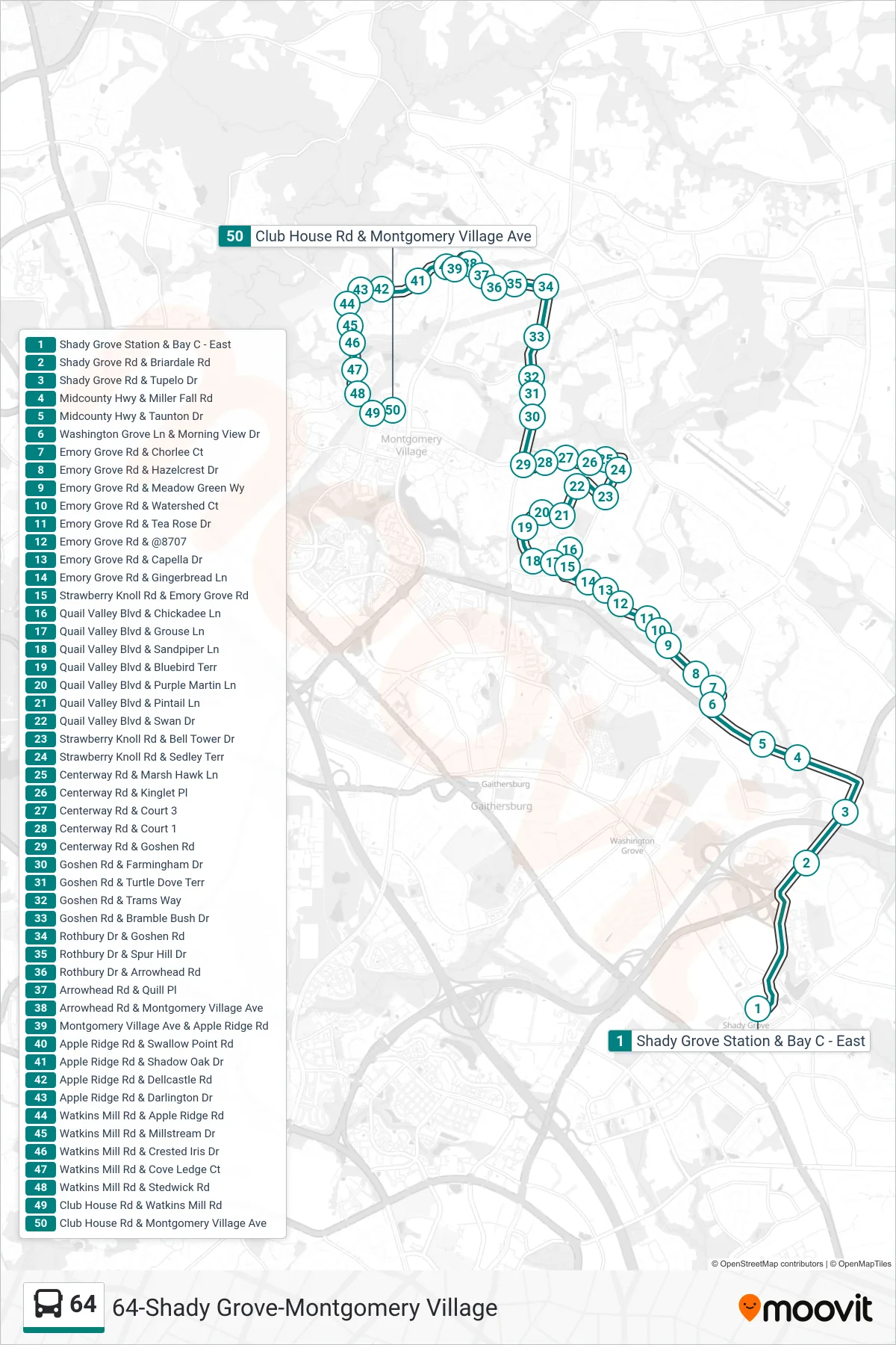 64 bus Line (Montgomery Village) route and stops on a map