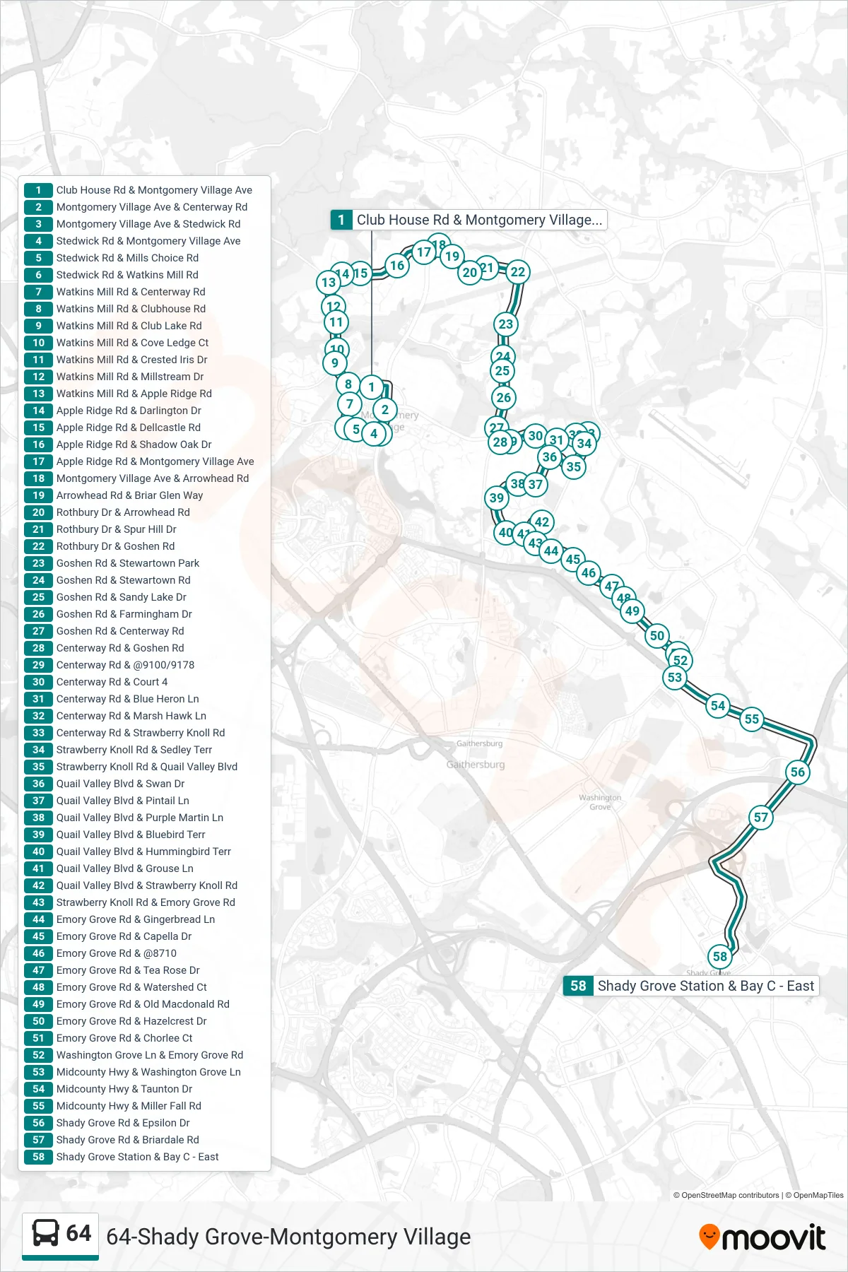 64 bus Line (Shady Grove) route and stops on a map