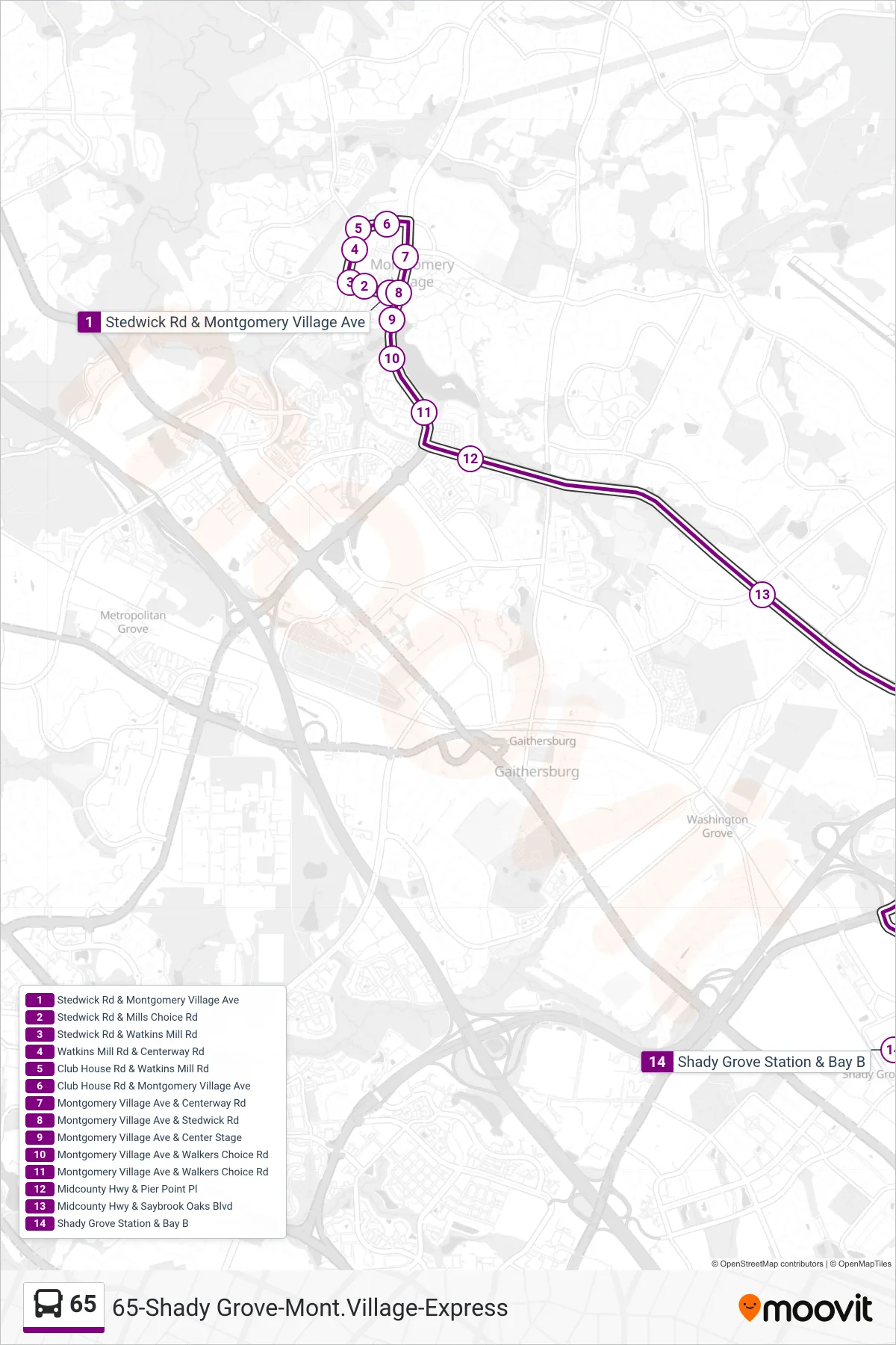 65 bus Line (Shady Grove) route and stops on a map