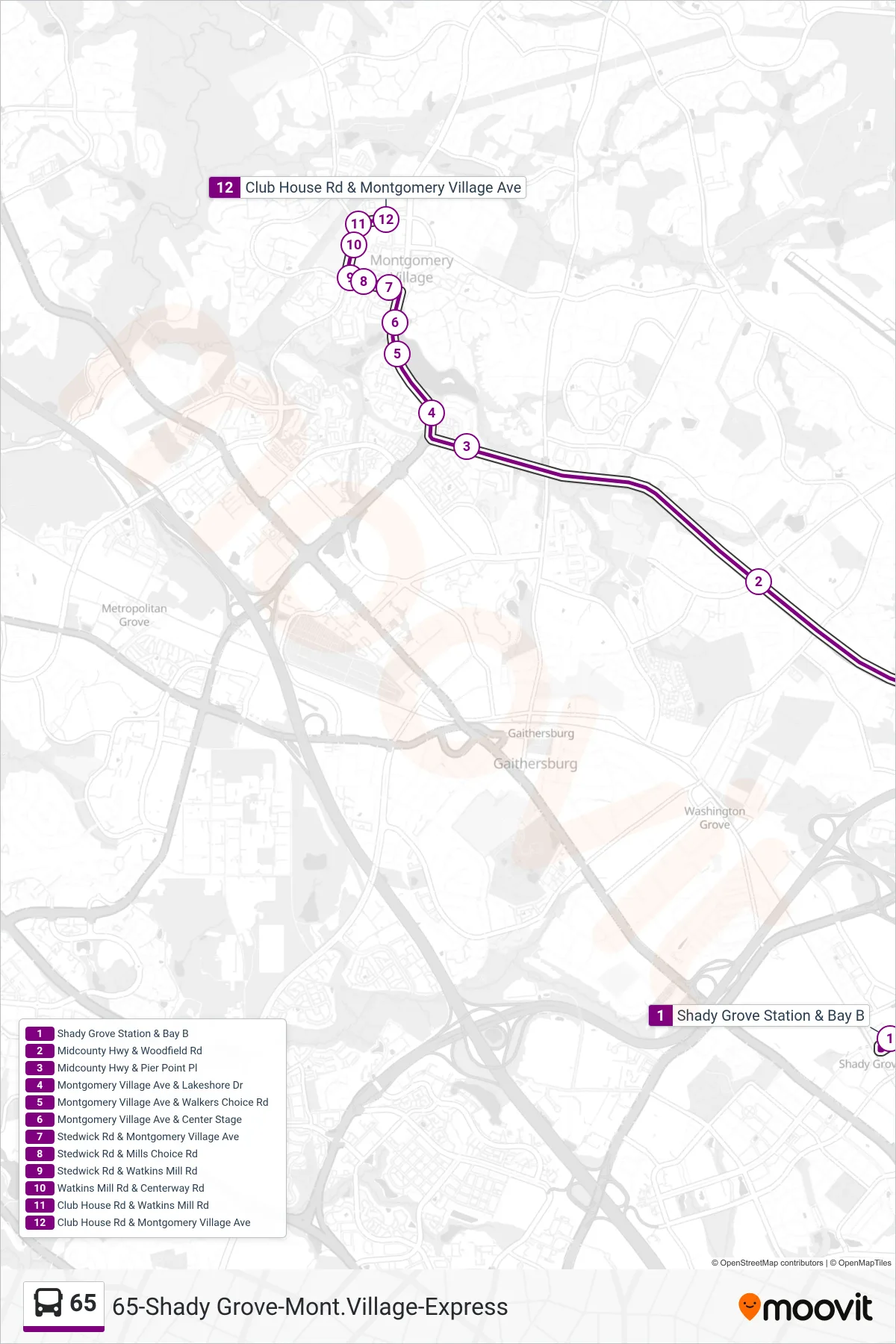 65 bus Line (Montgomery Village) route and stops on a map