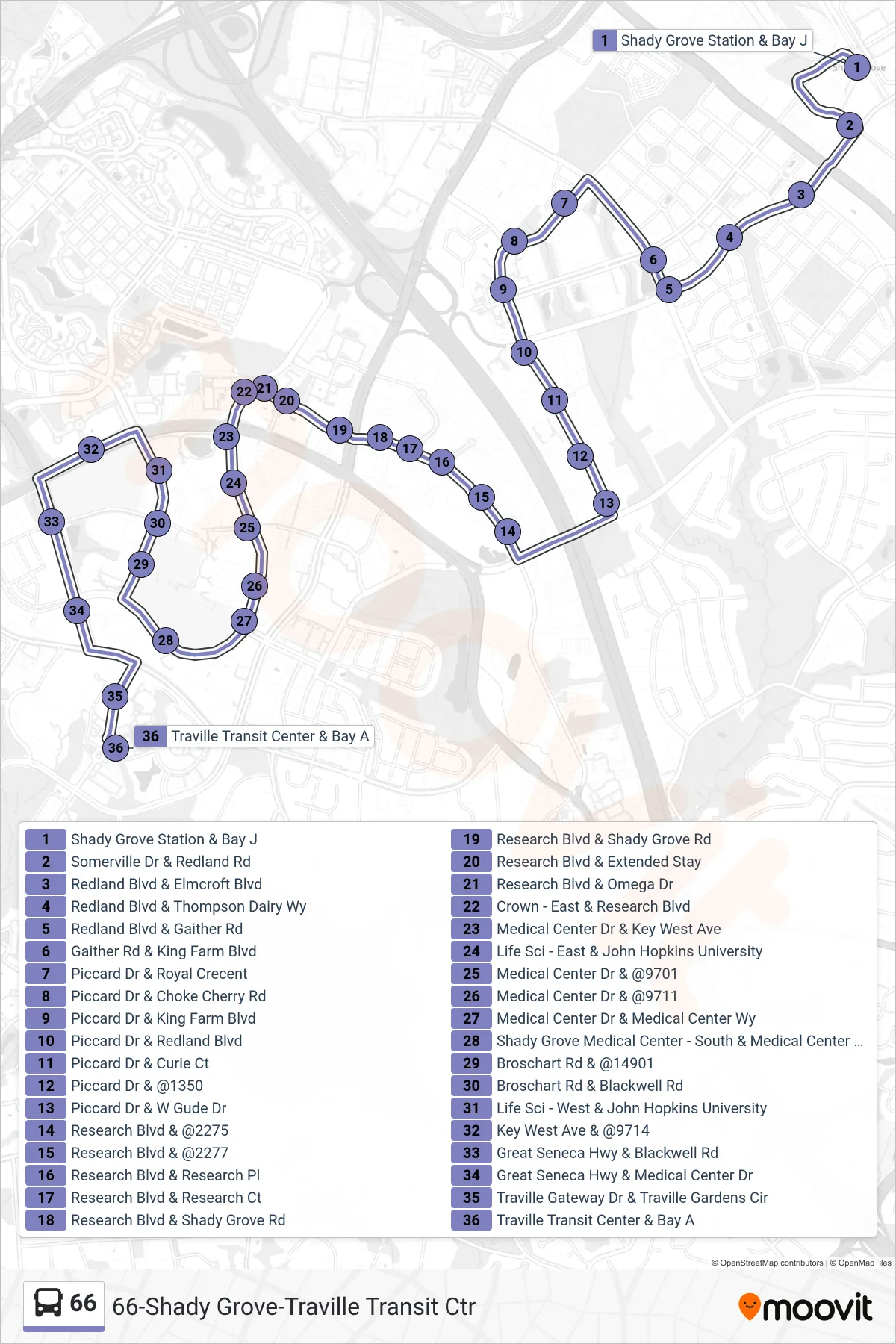 66 bus Line (Traville Via Shady Grove Hospital) route and stops on a map