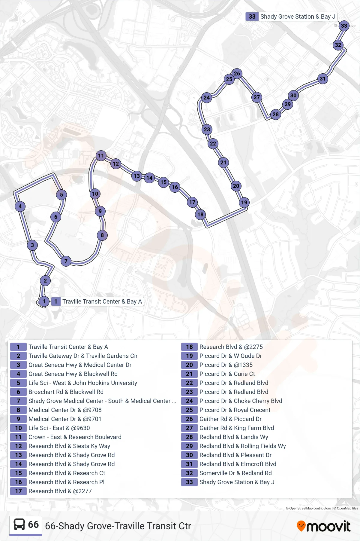 66 bus Line (Shady Grove Via Shady Grove Hospital) route and stops on a map