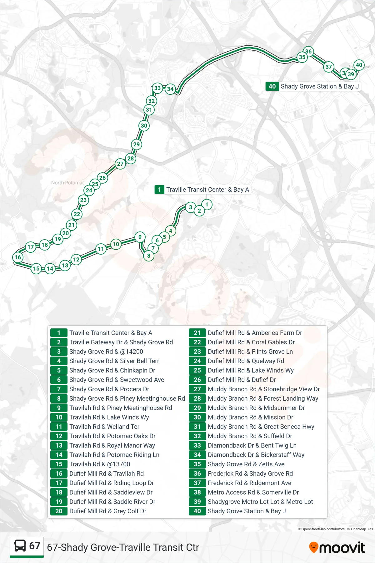 67 bus Line (Shady Grove) route and stops on a map